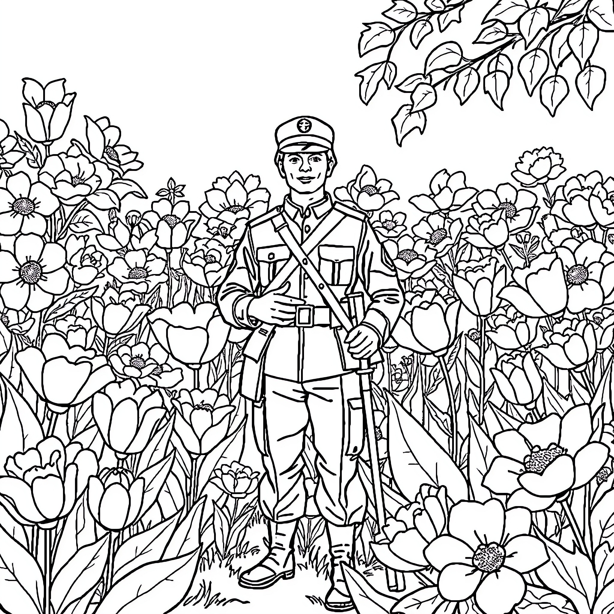 Soldier standing amidst a vibrant flower field Coloring Page (free black-and-white line drawing printable PDF for all, from beginners to advanced learners, including children, teens, adults, and seniors)