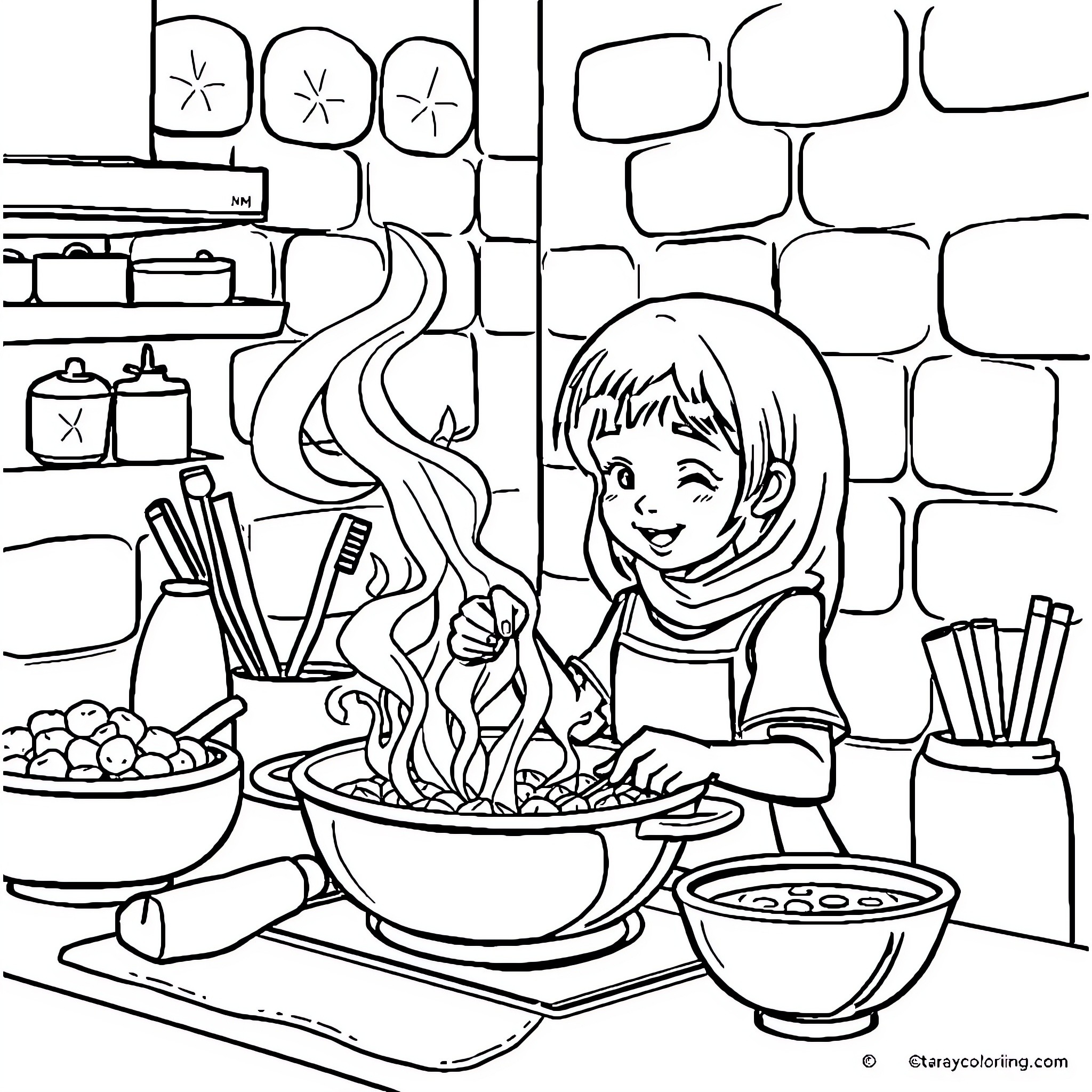 Anak Enjoying Homemade Meal in the Kitchen Coloring Page (free black-and-white line drawing printable PDF for all, from beginners to advanced learners, including children, teens, adults, and seniors)