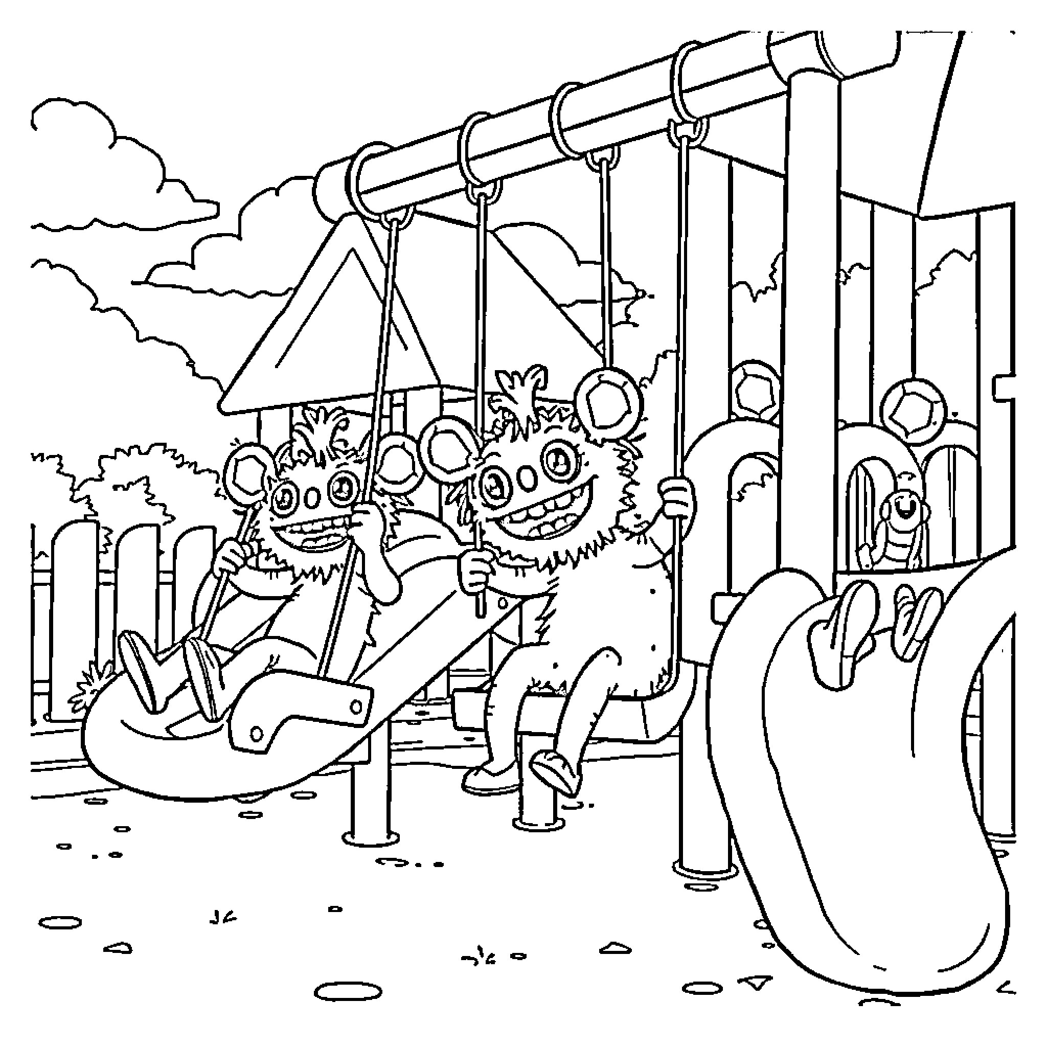 Labubu's Whimsical Playground Adventure Coloring Page (free black-and-white line drawing printable PDF for all, from beginners to advanced learners, including children, teens, adults, and seniors)