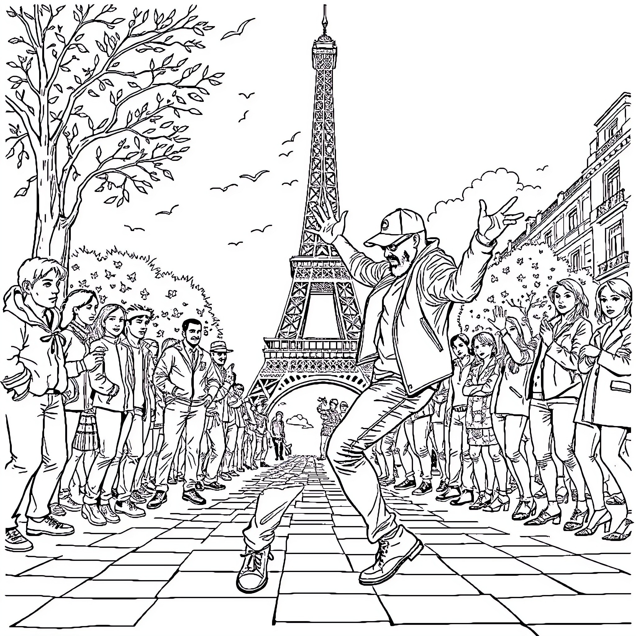 Triple H's Joyful Dance in the Streets of Paris Coloring Page (free black-and-white line drawing printable PDF for all, from beginners to advanced learners, including children, teens, adults, and seniors)