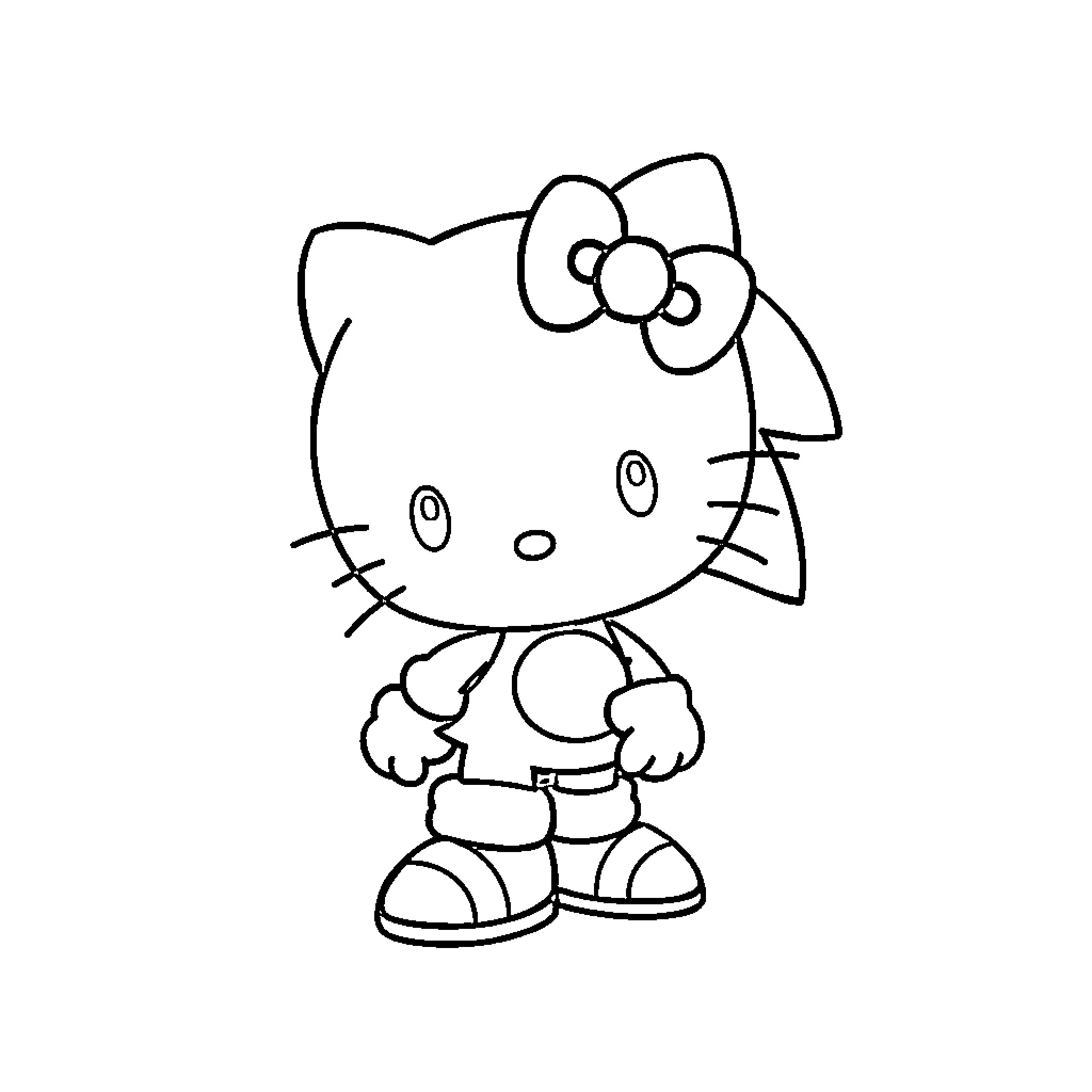 Hello Kitty standing happily Coloring Page (free black-and-white line drawing printable PDF for all, from beginners to advanced learners, including children, teens, adults, and seniors)