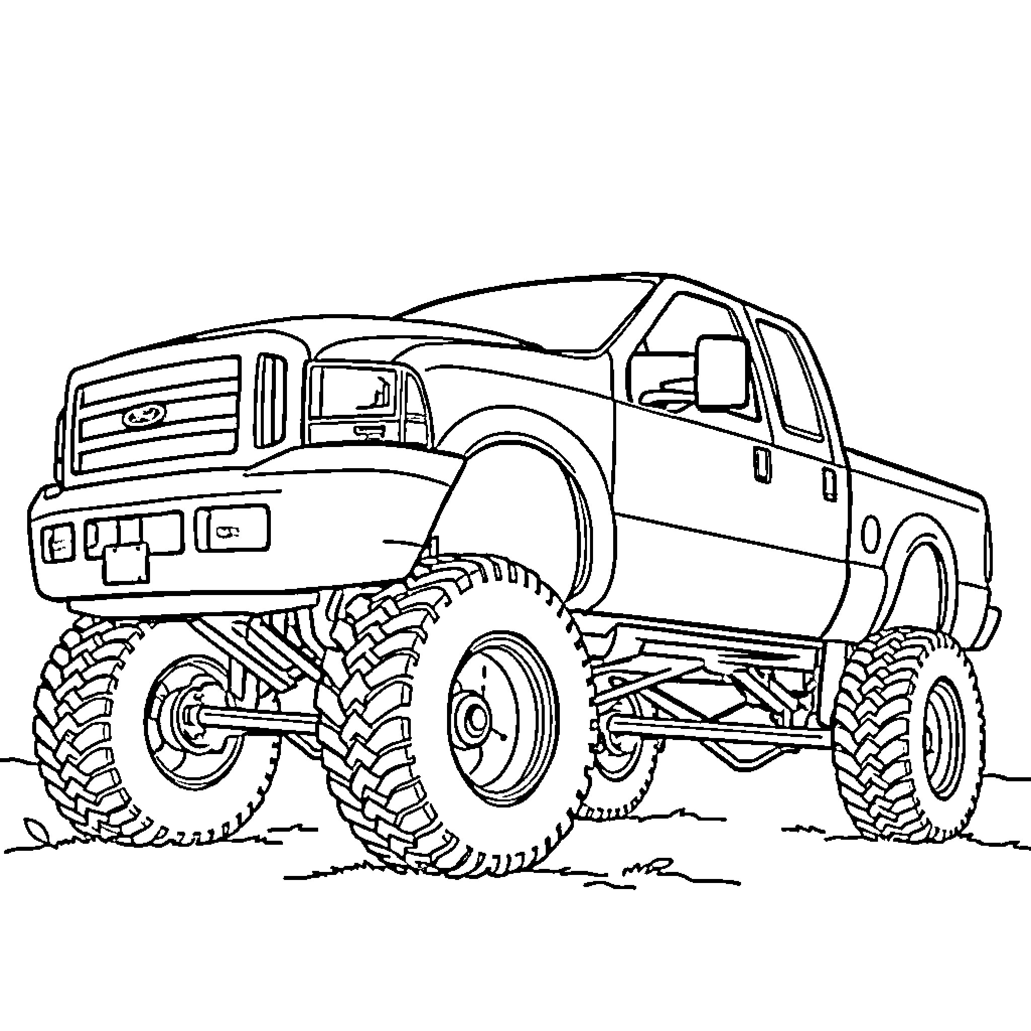 Ford Off-Road Truck Navigating Rugged Terrain Coloring Page (free black-and-white line drawing printable PDF for all, from beginners to advanced learners, including children, teens, adults, and seniors)