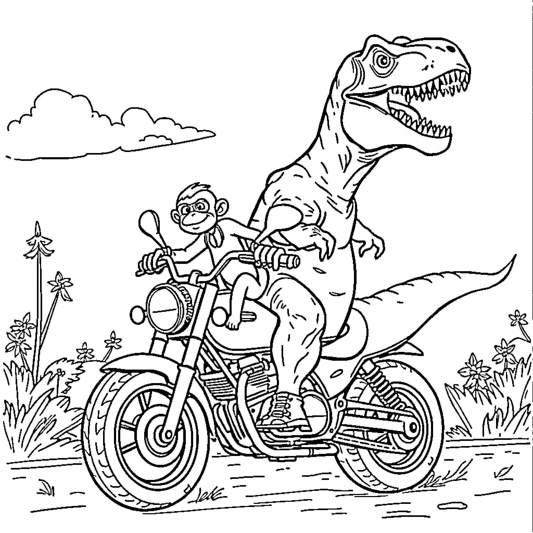 T-Rex riding a motorcycle with a monkey companion Coloring Page (free black-and-white line drawing printable PDF for all, from beginners to advanced learners, including children, teens, adults, and seniors)