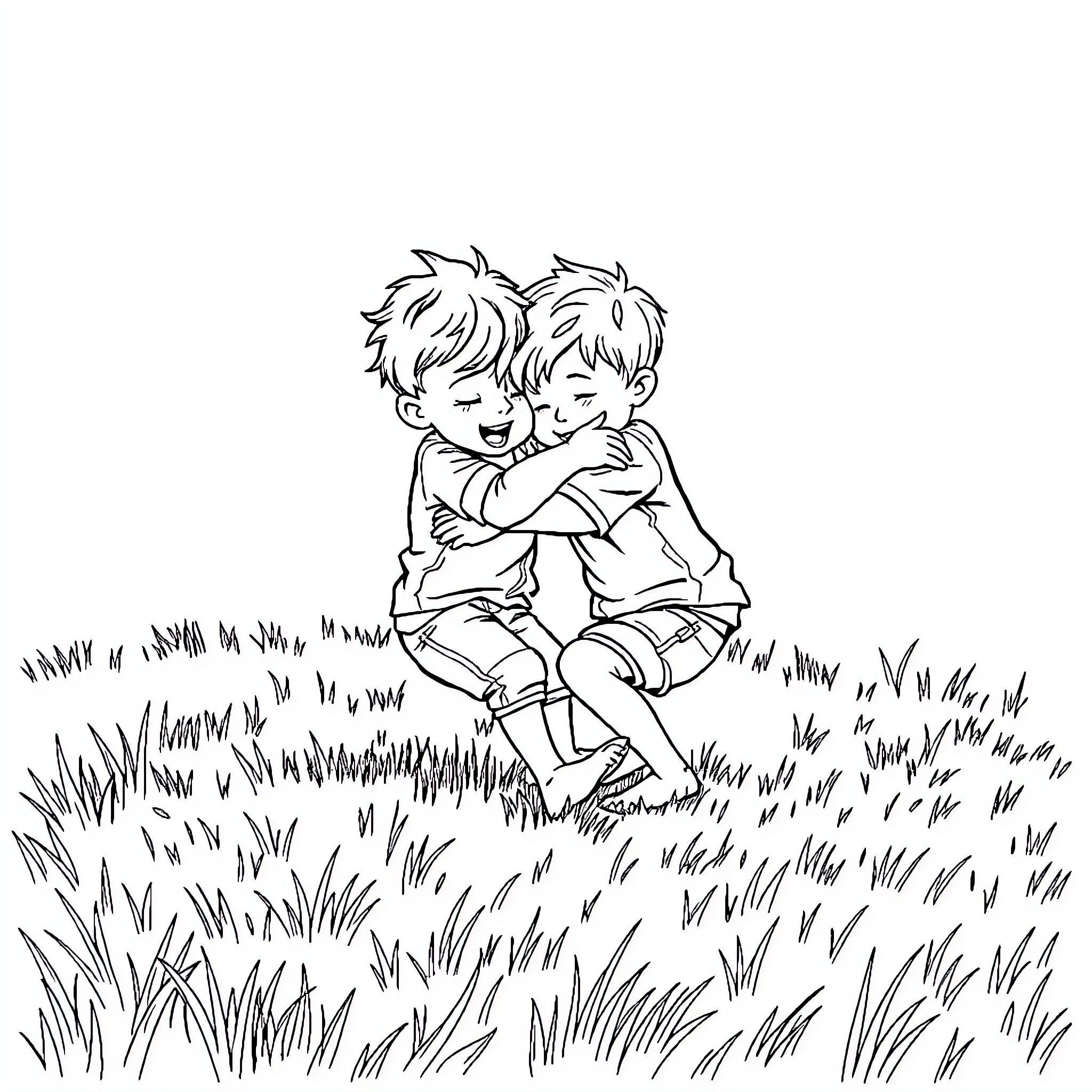 Cousin's Playful Embrace in the Grassy Field Coloring Page (free black-and-white line drawing printable PDF for all, from beginners to advanced learners, including children, teens, adults, and seniors)