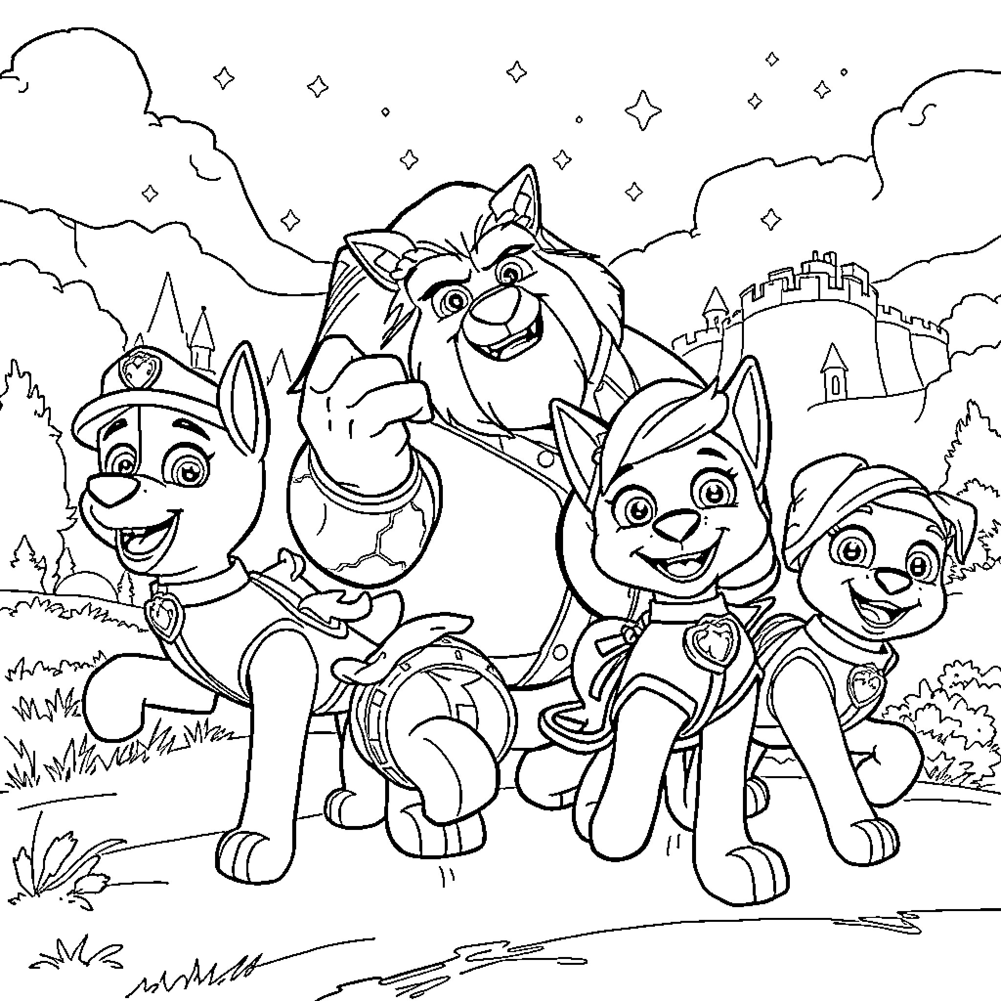 Paw Patrol Enjoying an Adventure in the Enchanted Forest Coloring Page (free black-and-white line drawing printable PDF for all, from beginners to advanced learners, including children, teens, adults, and seniors)