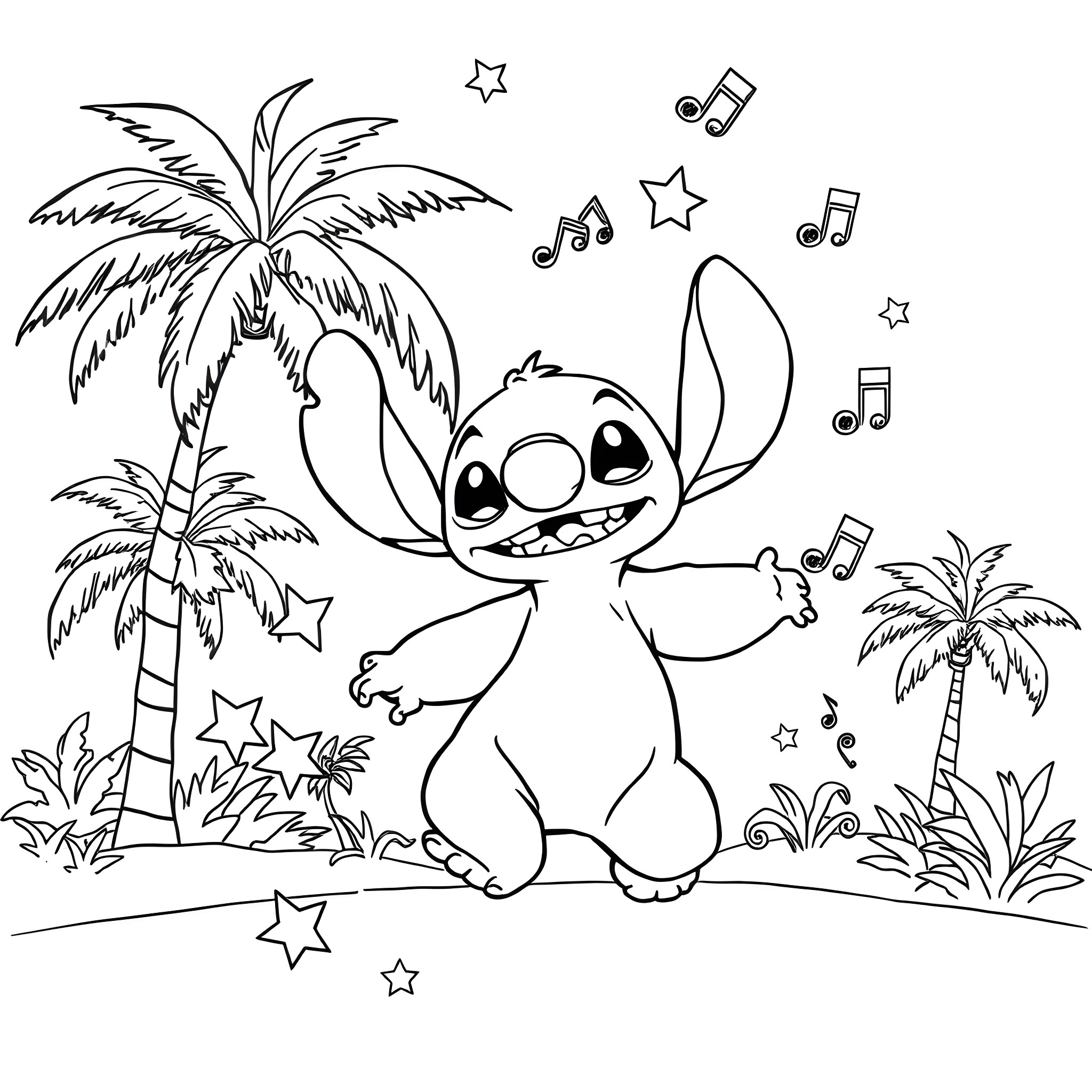 Stitch dancing joyfully in tropical nature Coloring Page (free black-and-white line drawing printable PDF for all, from beginners to advanced learners, including children, teens, adults, and seniors)