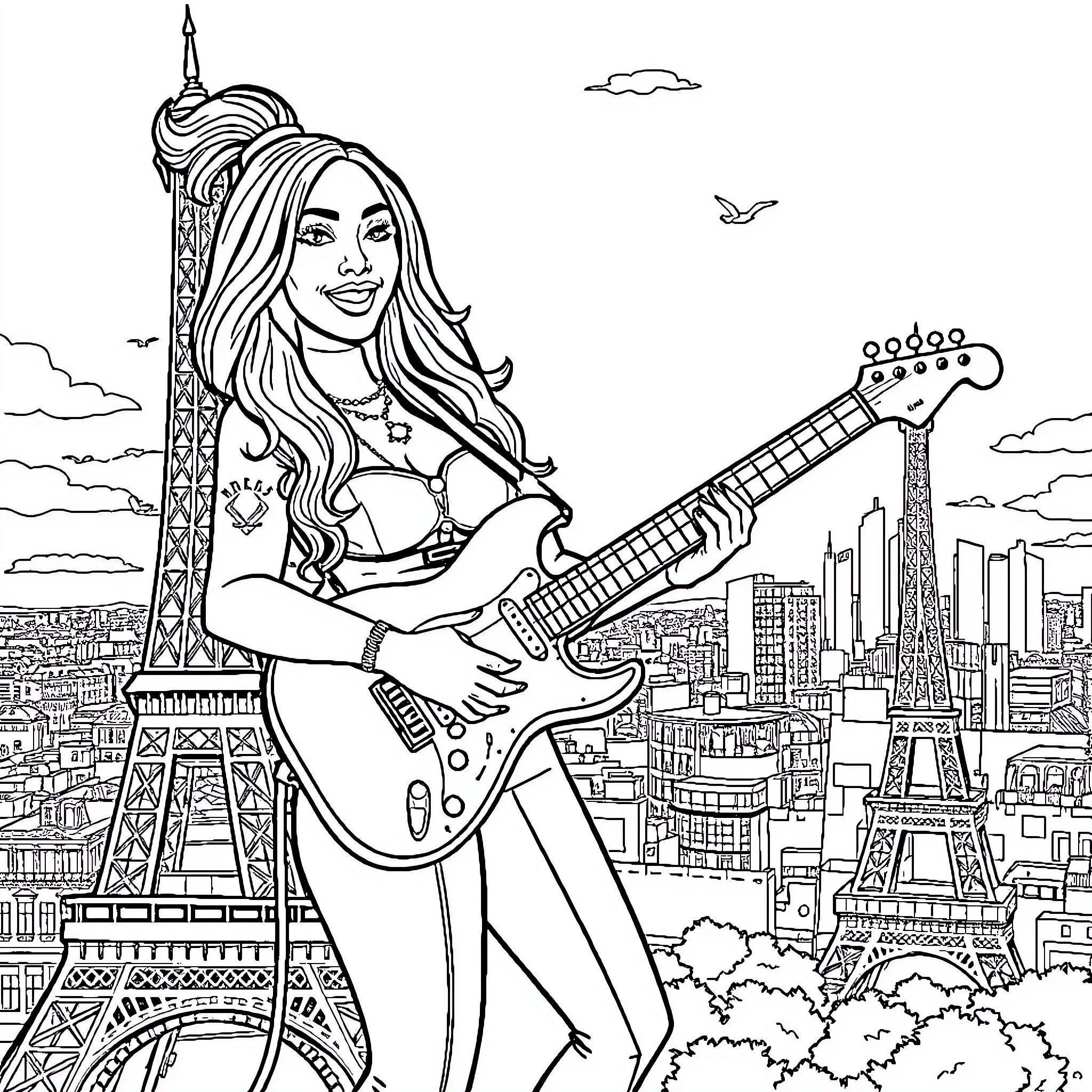 Nicki Minaj performing with guitar in iconic Paris cityscape Coloring Page (free black-and-white line drawing printable PDF for all, from beginners to advanced learners, including children, teens, adults, and seniors)