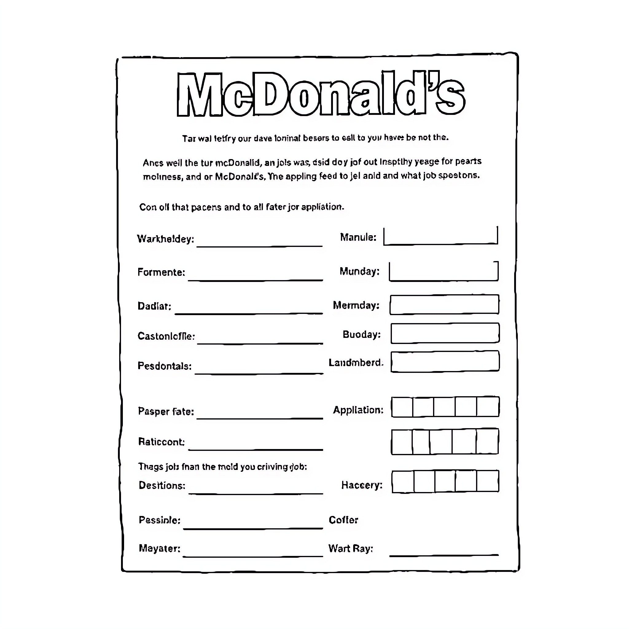 McDonald's Job Application Form Coloring Page (free black-and-white line drawing printable PDF for all, from beginners to advanced learners, including children, teens, adults, and seniors)