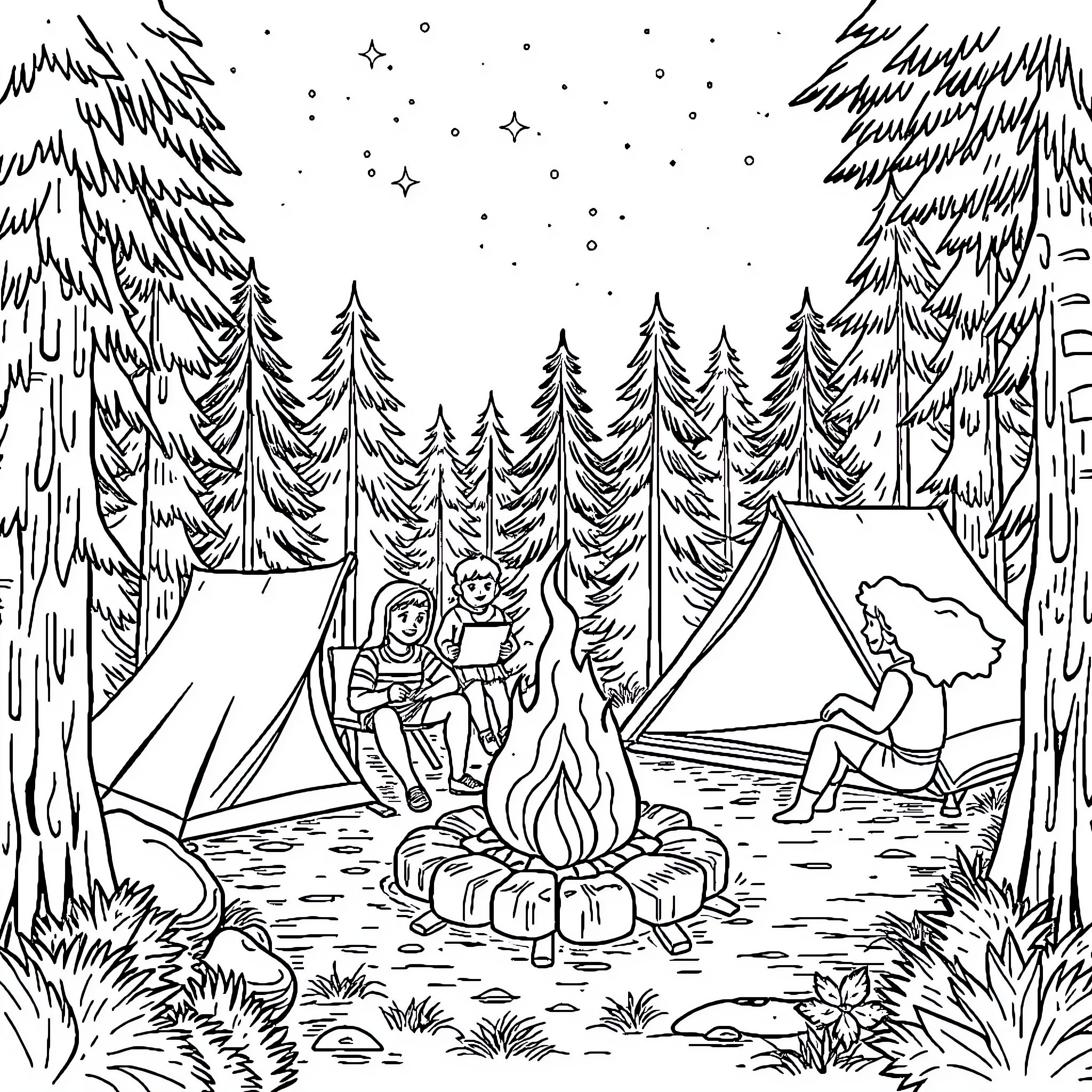Camping in the Serene Forest Coloring Page (free black-and-white line drawing printable PDF for all, from beginners to advanced learners, including children, teens, adults, and seniors)