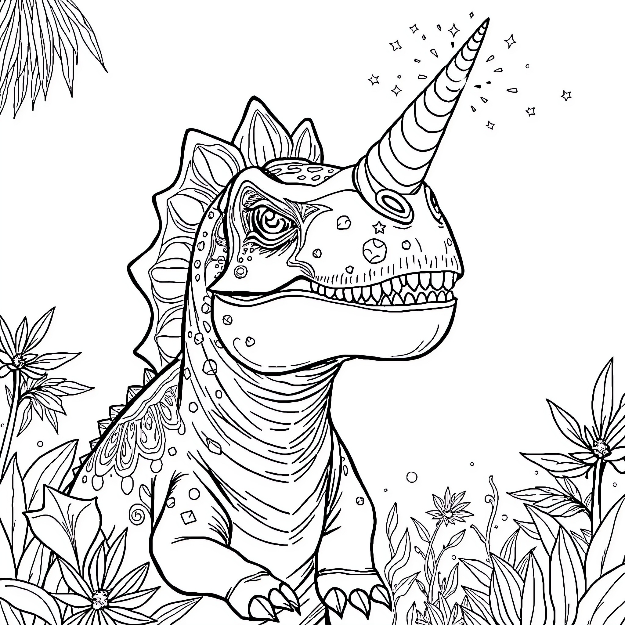 Unicorn Dinosaur exploring enchanted forest Coloring Page (free black-and-white line drawing printable PDF for all, from beginners to advanced learners, including children, teens, adults, and seniors)