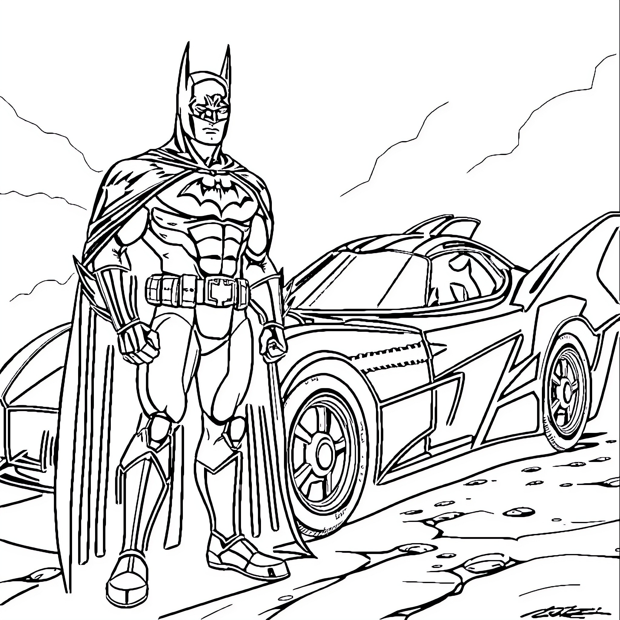 Batman standing next to the Batmobile Coloring Page (free black-and-white line drawing printable PDF for all, from beginners to advanced learners, including children, teens, adults, and seniors)