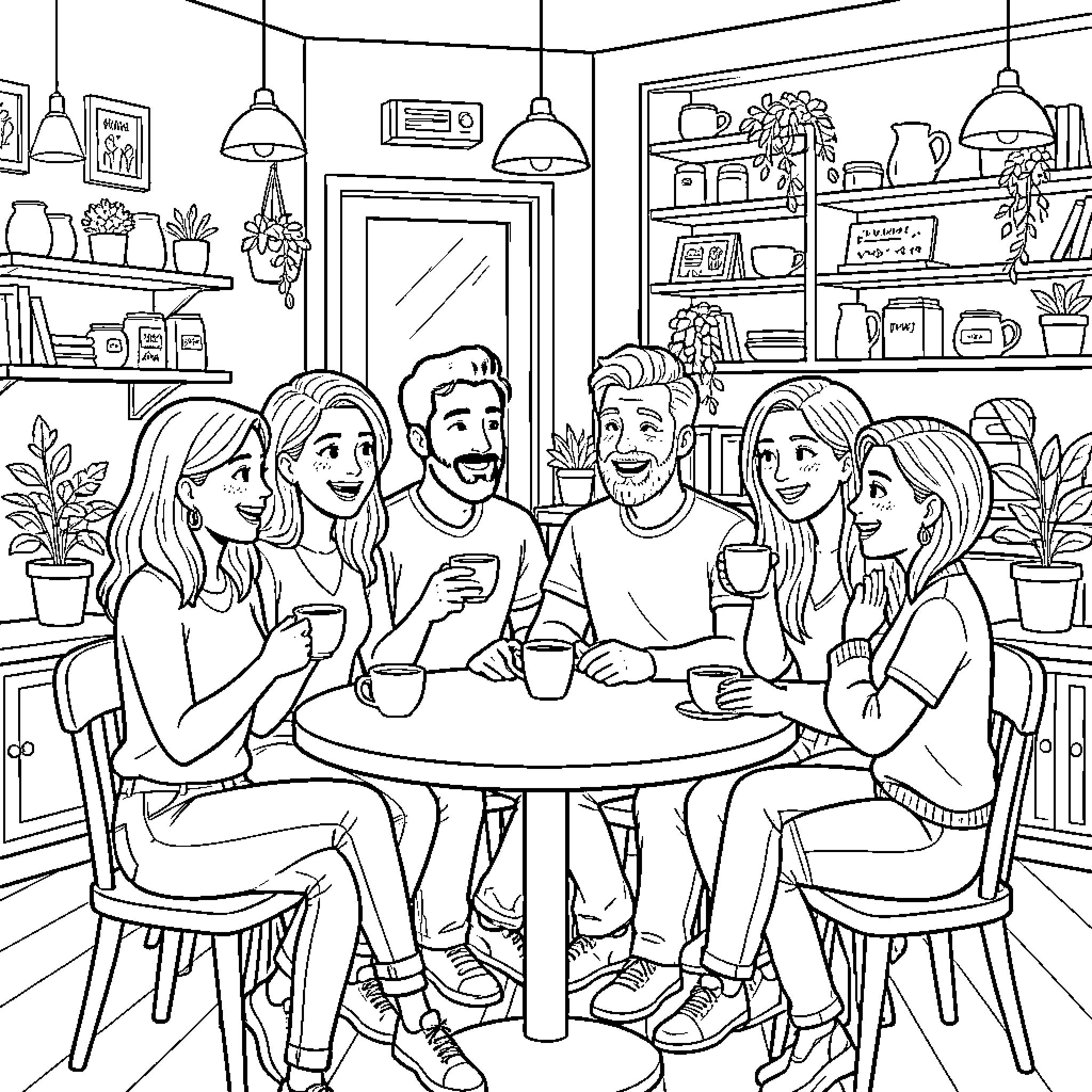 Friends enjoying a cozy gathering in a comfortable home Coloring Page (free black-and-white line drawing printable PDF for all, from beginners to advanced learners, including children, teens, adults, and seniors)