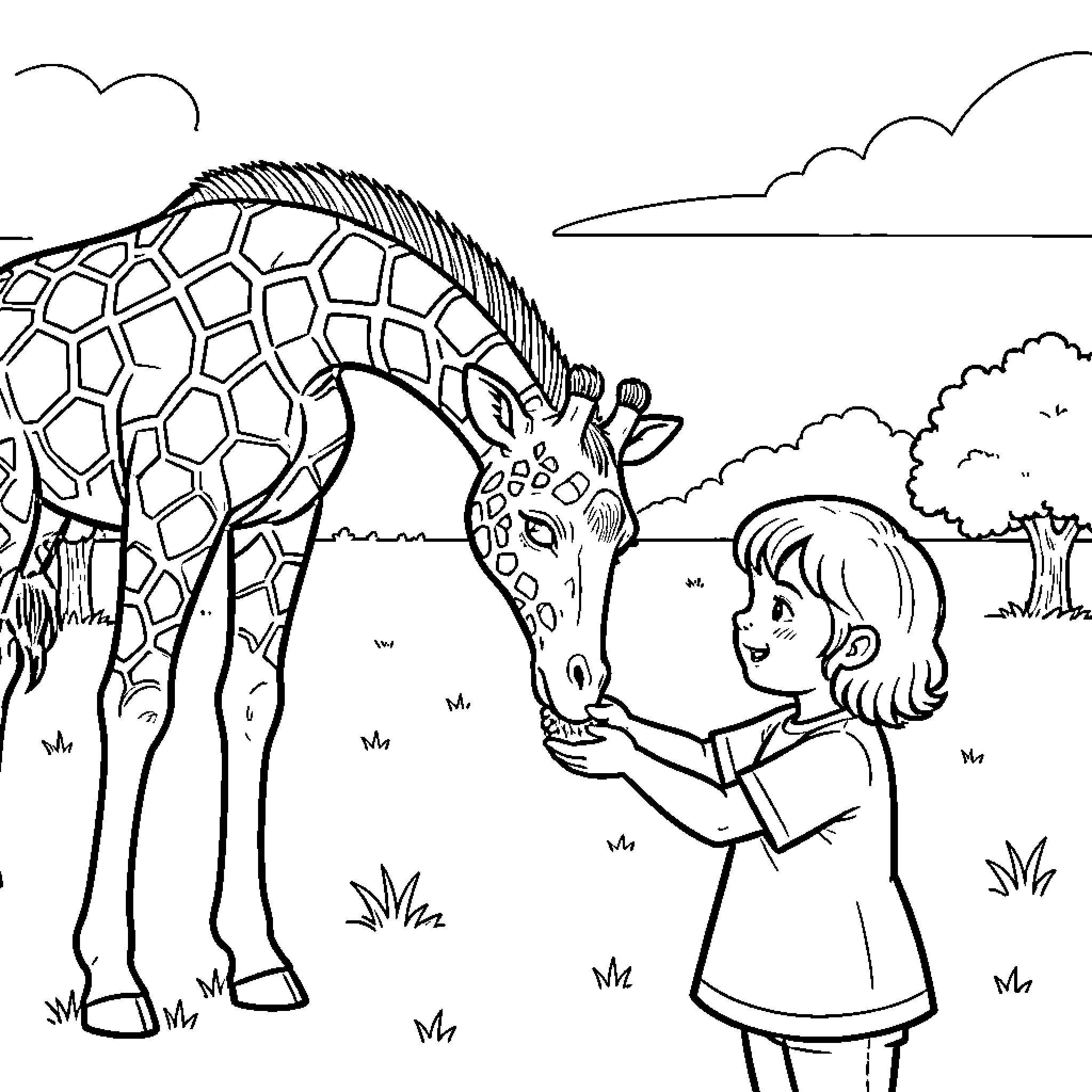 Giraffe being fed by a young girl Coloring Page (free black-and-white line drawing printable PDF for all, from beginners to advanced learners, including children, teens, adults, and seniors)
