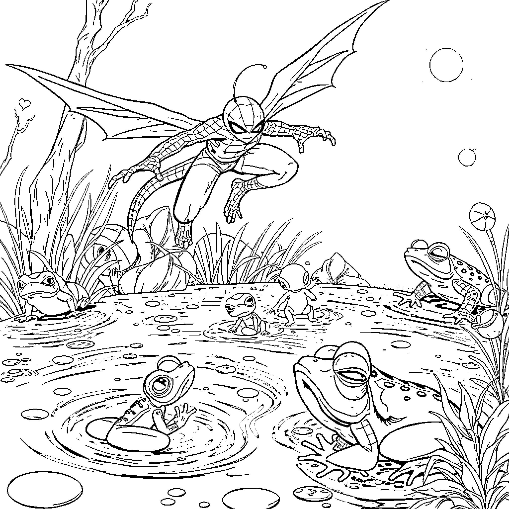 Goblin creature exploring a pond with frogs Coloring Page (free black-and-white line drawing printable PDF for all, from beginners to advanced learners, including children, teens, adults, and seniors)