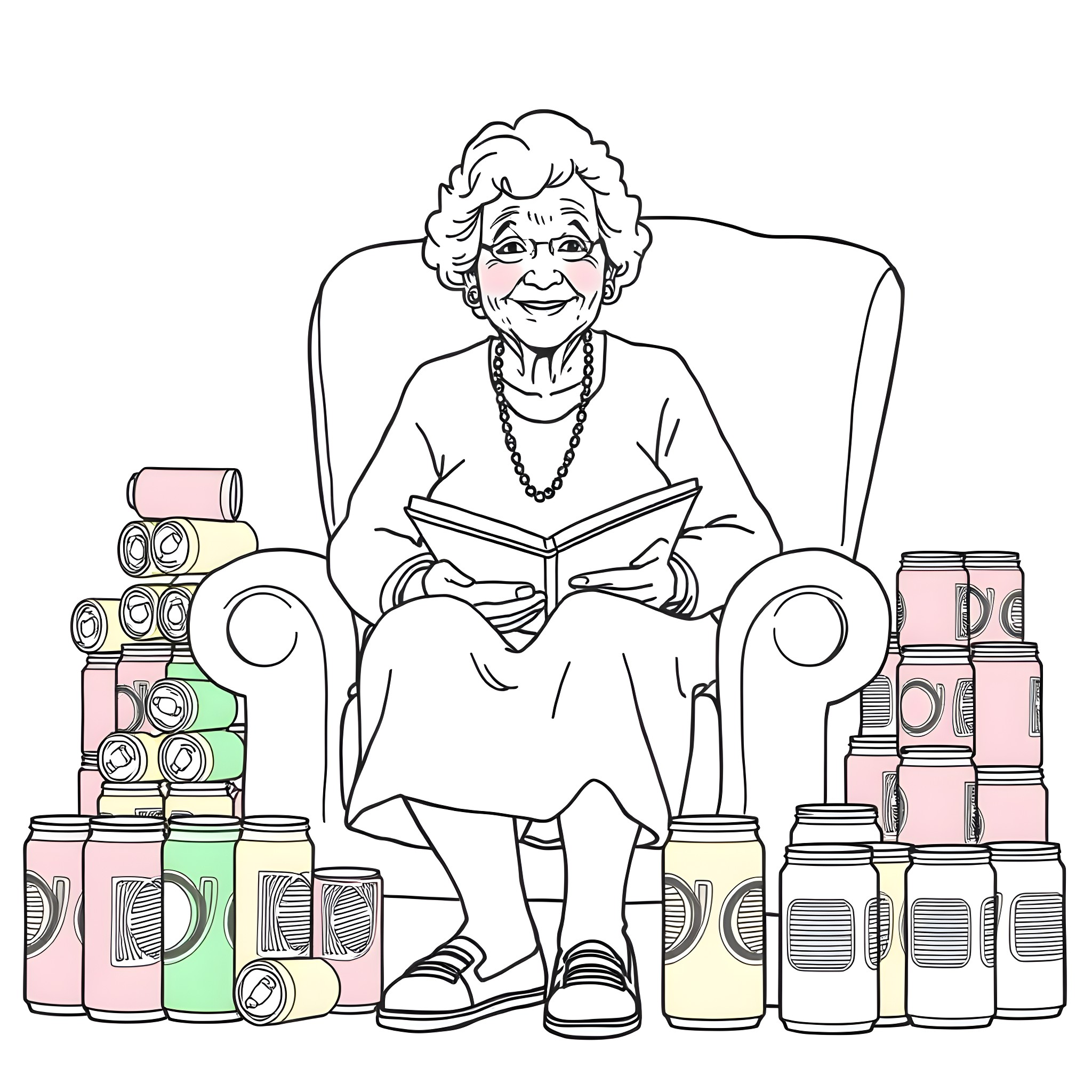 Lady Enjoying a Good Book Surrounded by Comforts Coloring Page (free black-and-white line drawing printable PDF for all, from beginners to advanced learners, including children, teens, adults, and seniors)