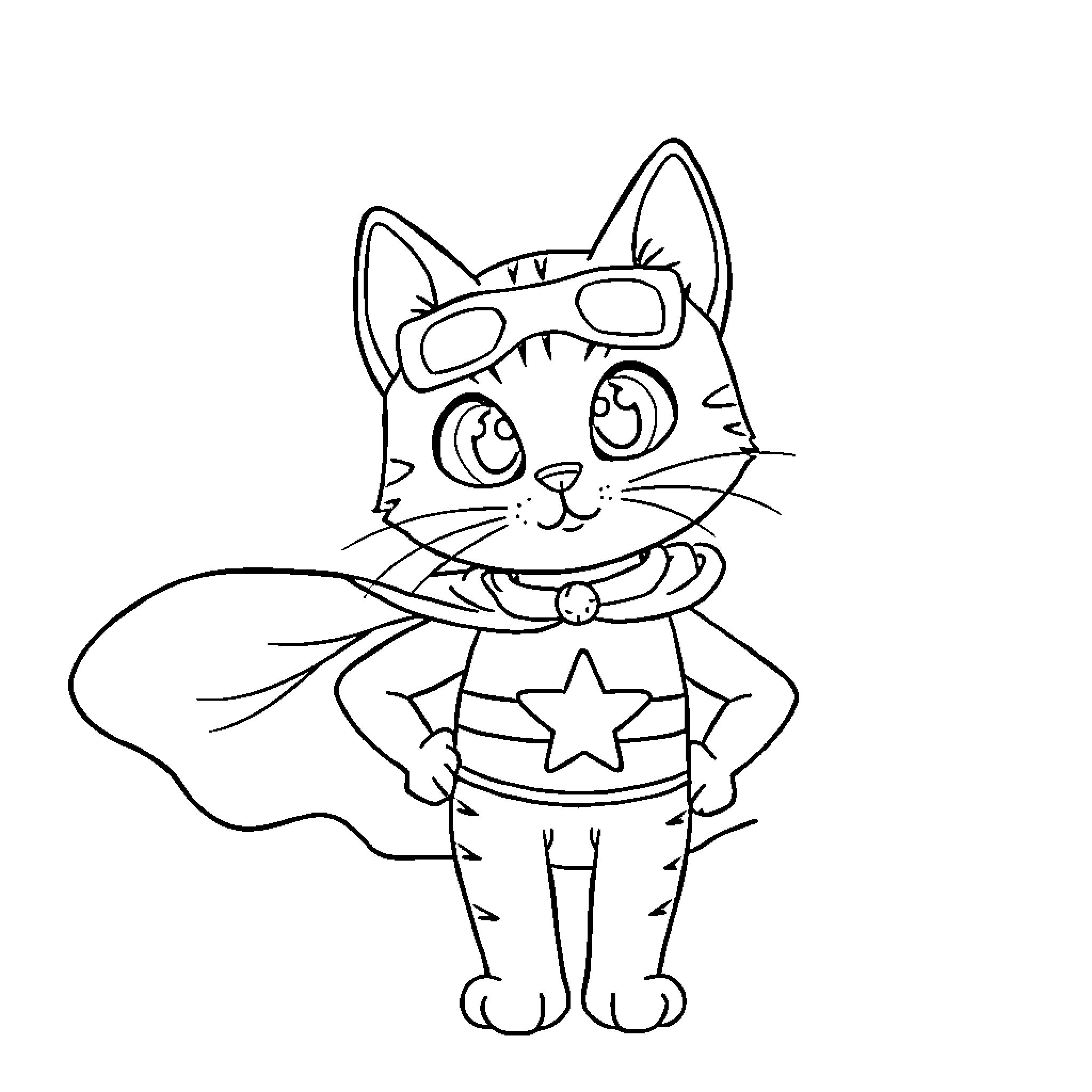Gabby Cat Wearing Superhero Costume Coloring Page (free black-and-white line drawing printable PDF for all, from beginners to advanced learners, including children, teens, adults, and seniors)