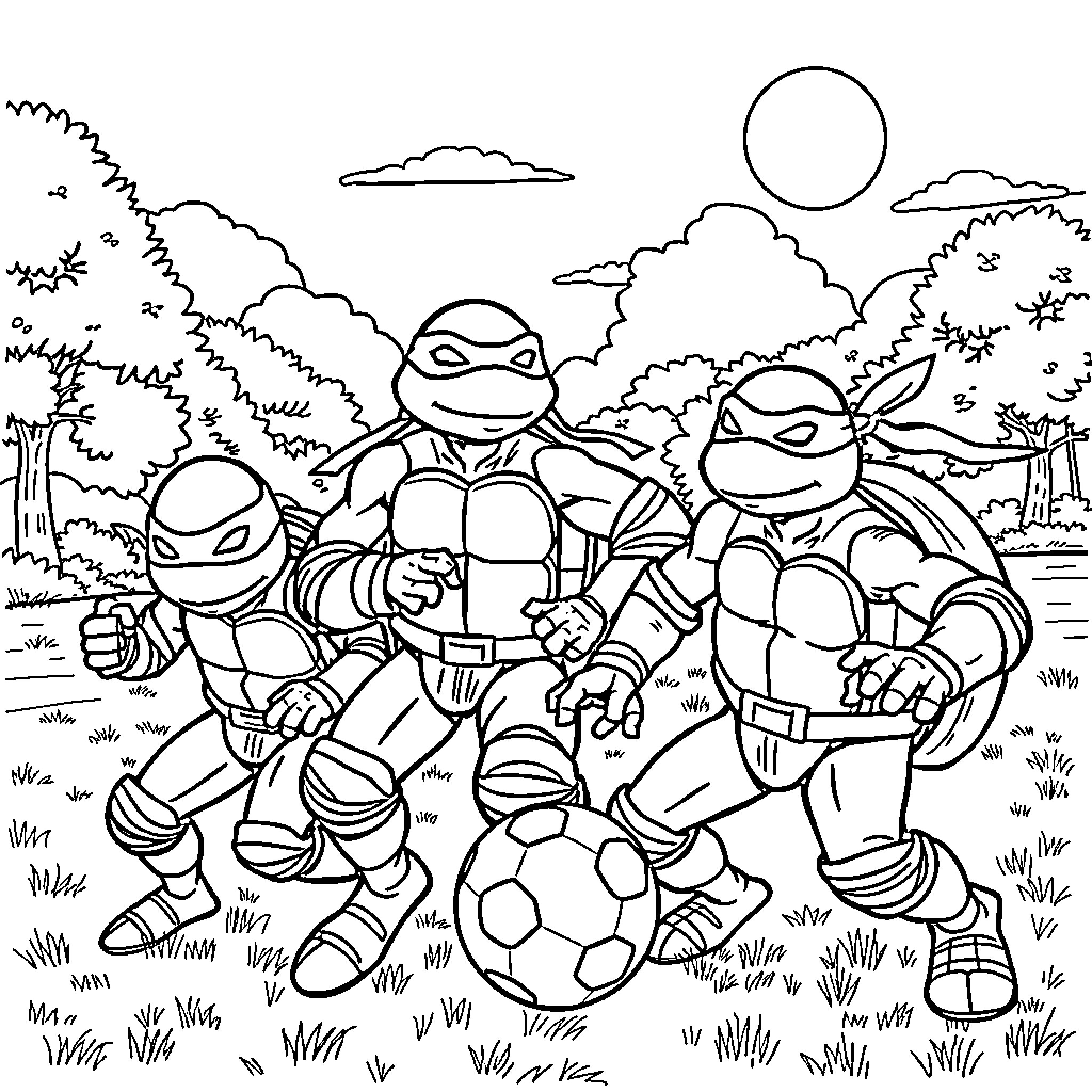 Teenage Mutant Ninja Turtles playing soccer in the park Coloring Page (free black-and-white line drawing printable PDF for all, from beginners to advanced learners, including children, teens, adults, and seniors)
