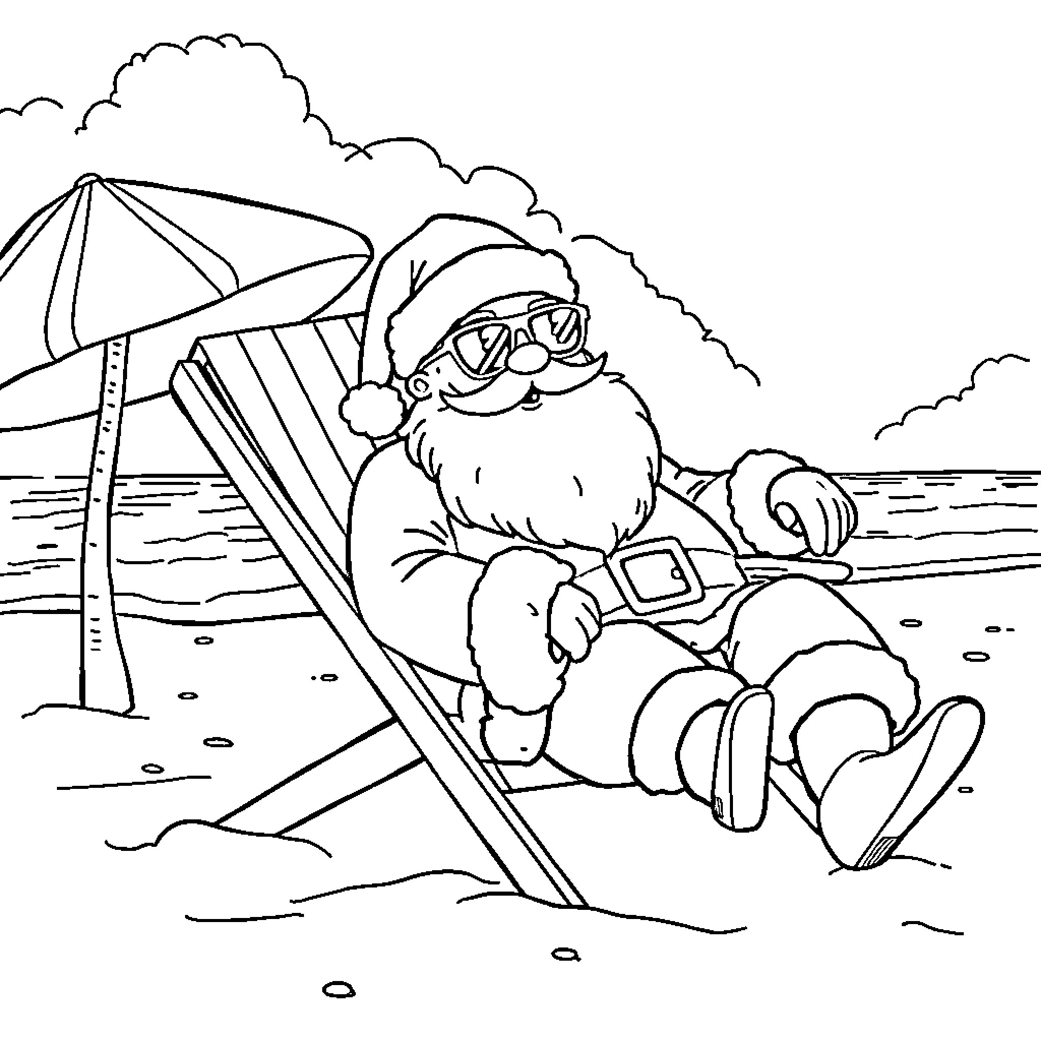Santa relaxing on the beach under an umbrella Coloring Page (free black-and-white line drawing printable PDF for all, from beginners to advanced learners, including children, teens, adults, and seniors)