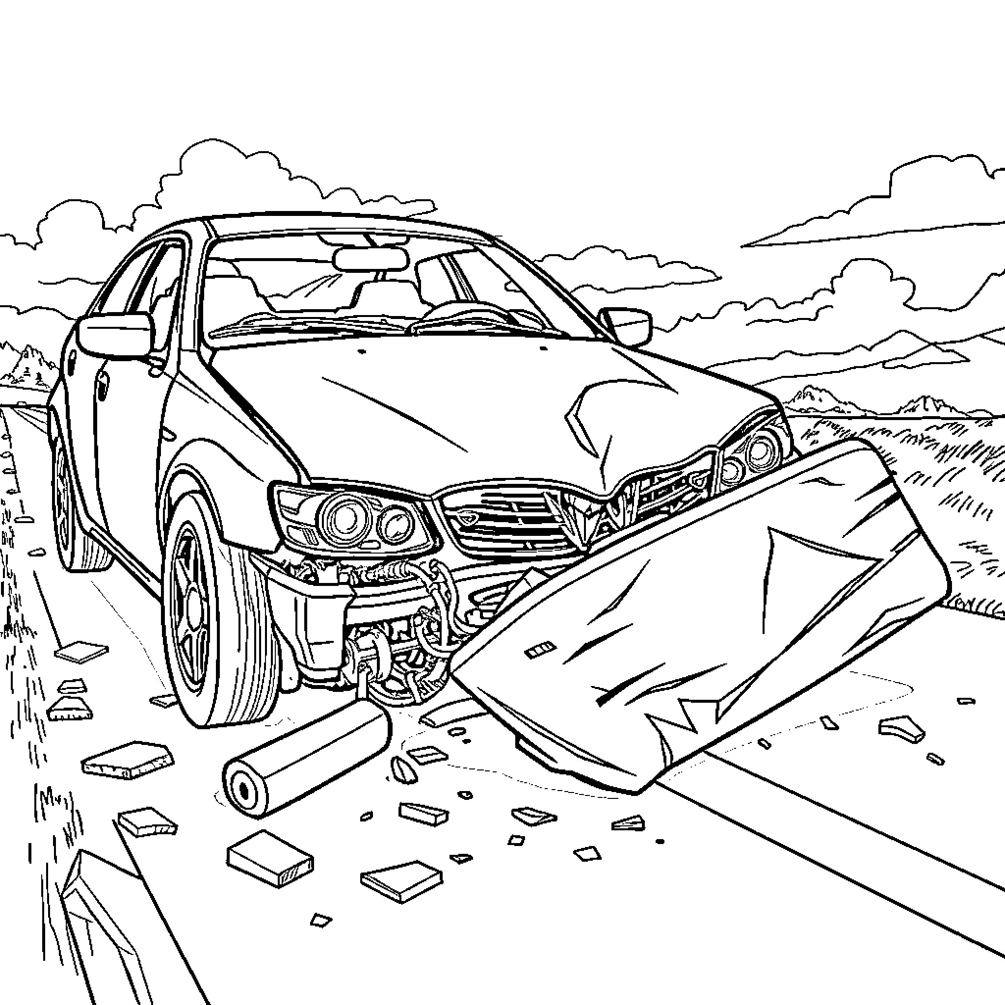 Car Damaged After Accident in Rural Landscape Coloring Page (free black-and-white line drawing printable PDF for all, from beginners to advanced learners, including children, teens, adults, and seniors)