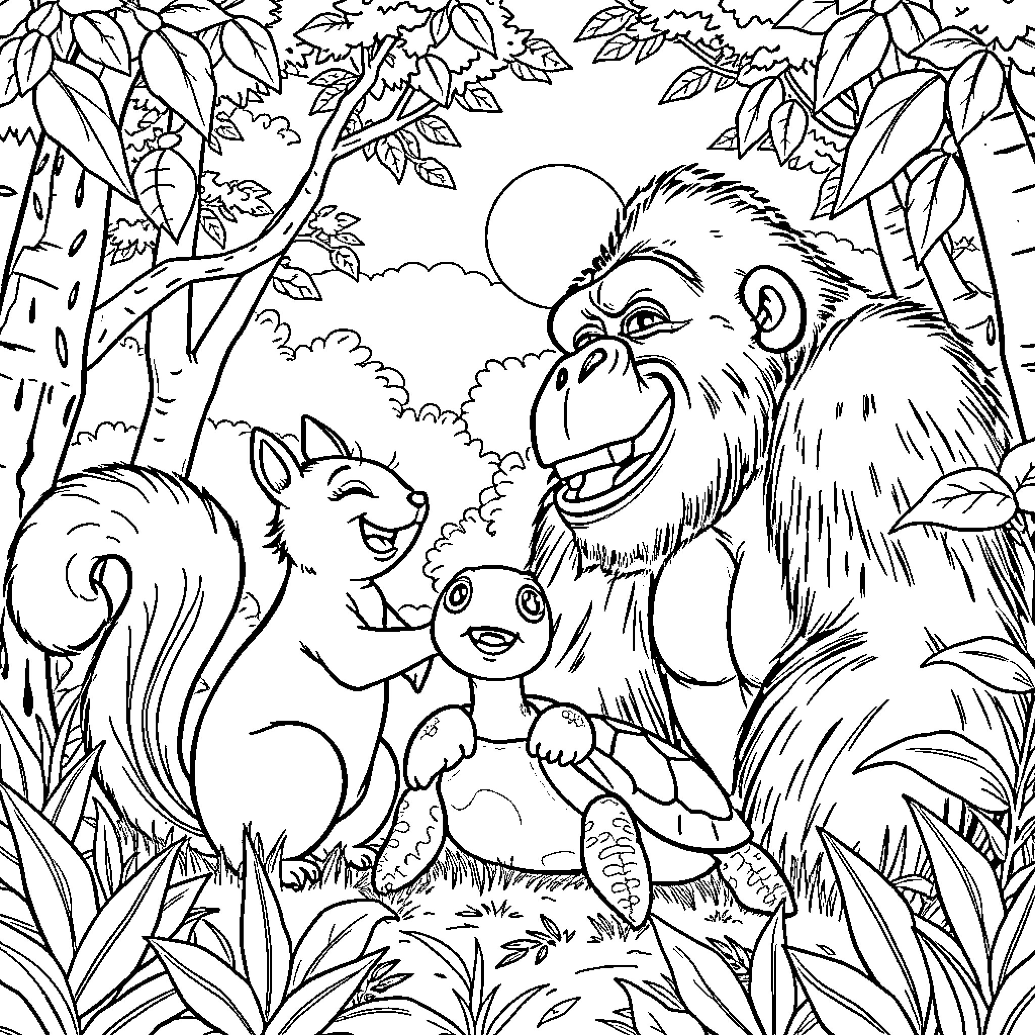 Squirrel and friends in the forest Coloring Page (free black-and-white line drawing printable PDF for all, from beginners to advanced learners, including children, teens, adults, and seniors)