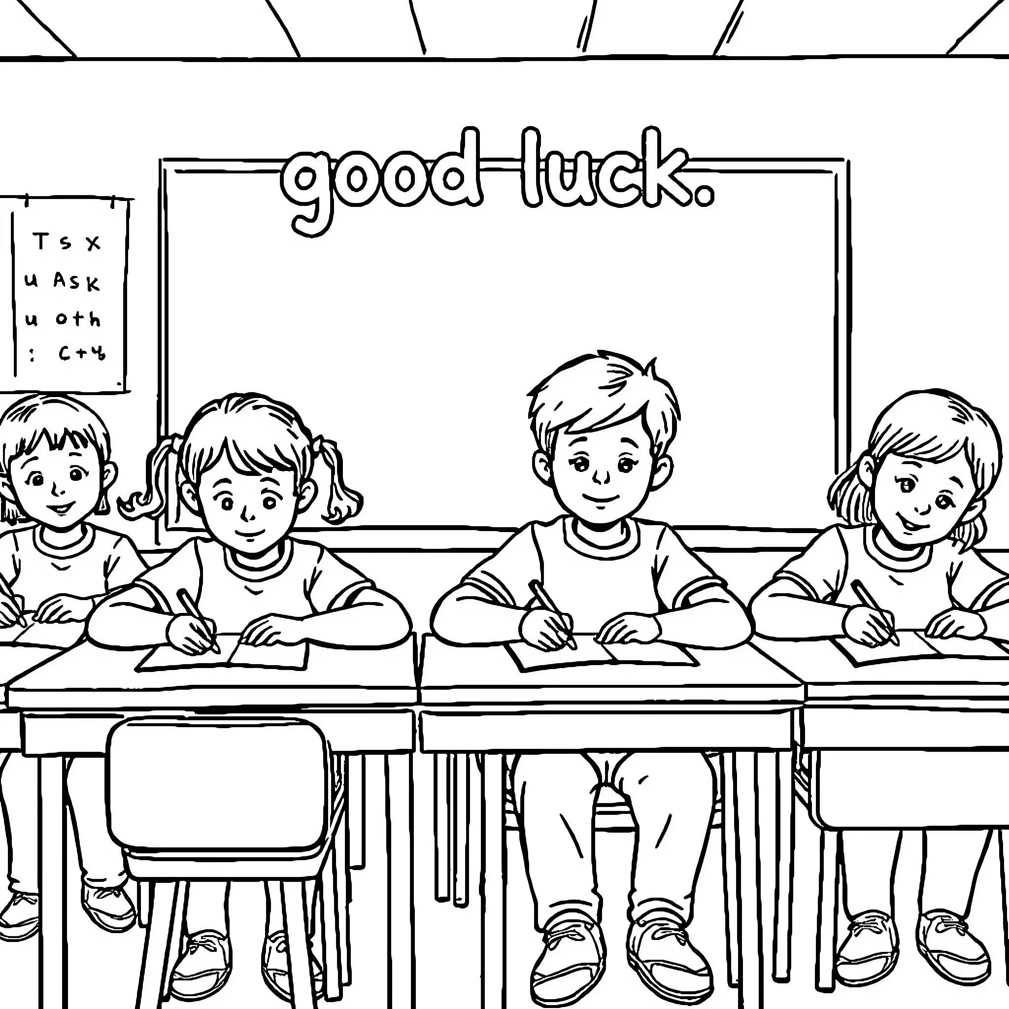 Children learning together in classroom Coloring Page (free black-and-white line drawing printable PDF for all, from beginners to advanced learners, including children, teens, adults, and seniors)