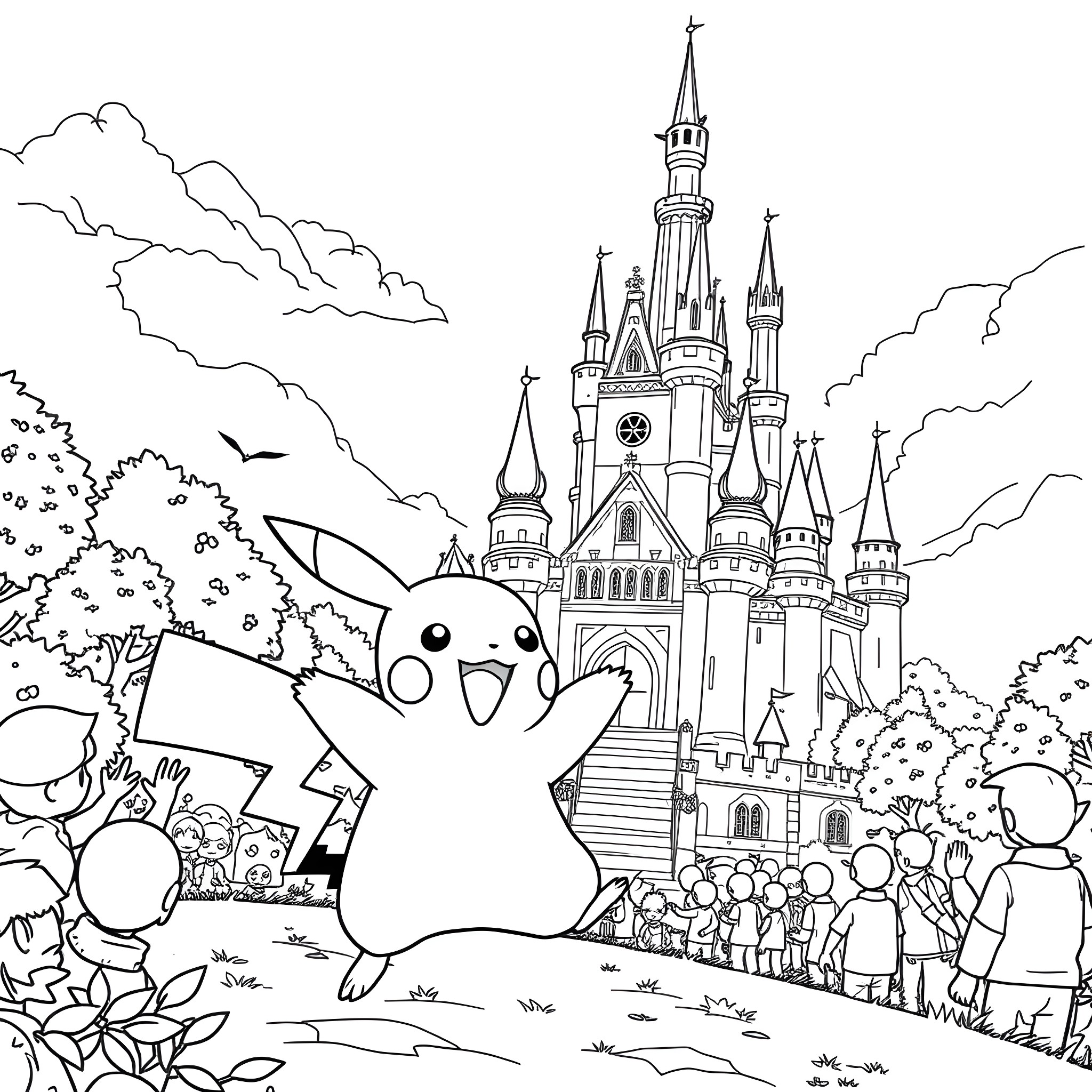 Pikachu Exploring the Enchanted Castle Coloring Page (free black-and-white line drawing printable PDF for all, from beginners to advanced learners, including children, teens, adults, and seniors)