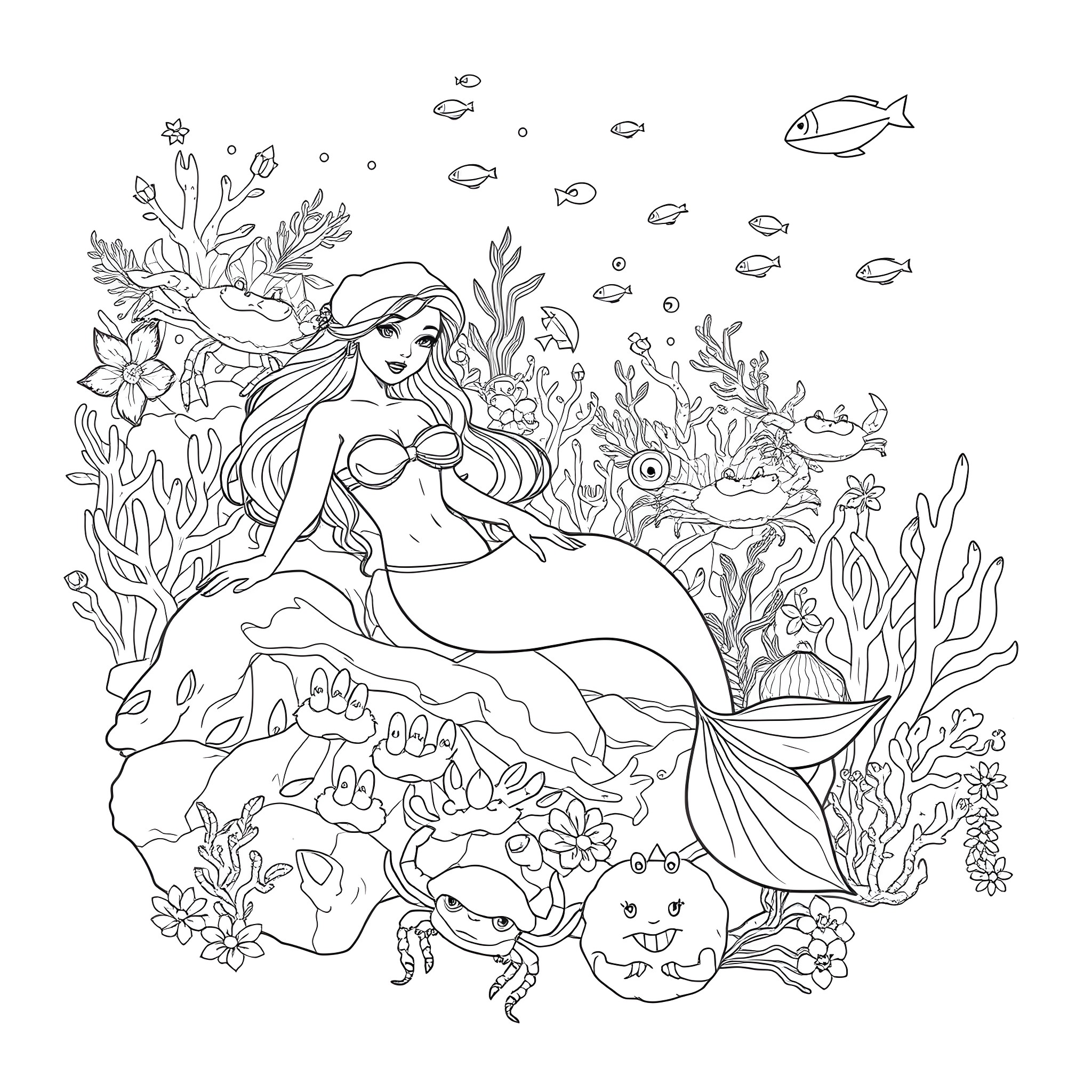 Mermaid Resting Amidst Underwater Floral and Marine Life Coloring Page (free black-and-white line drawing printable PDF for all, from beginners to advanced learners, including children, teens, adults, and seniors)