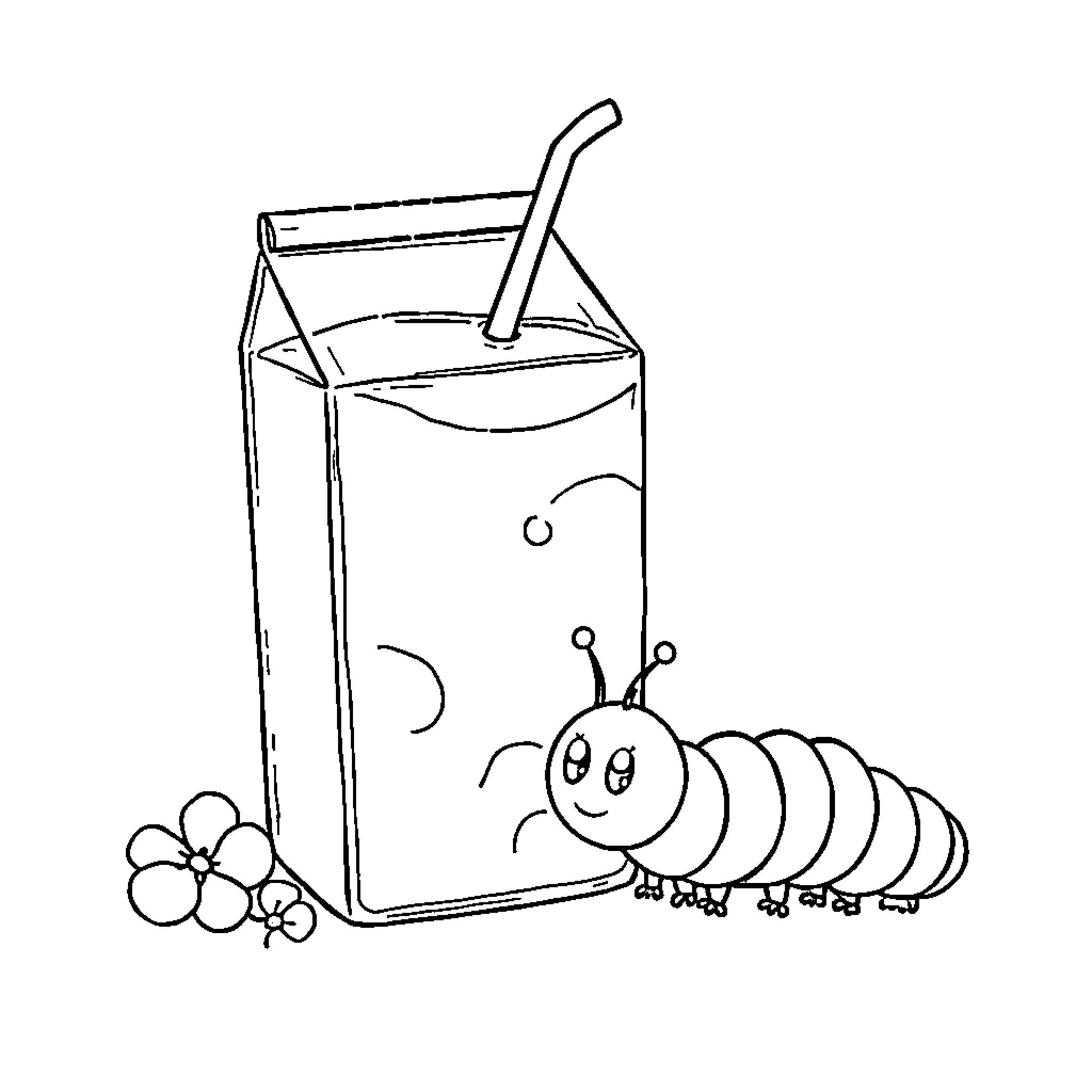 Juice box with playful caterpillar Coloring Page (free black-and-white line drawing printable PDF for all, from beginners to advanced learners, including children, teens, adults, and seniors)