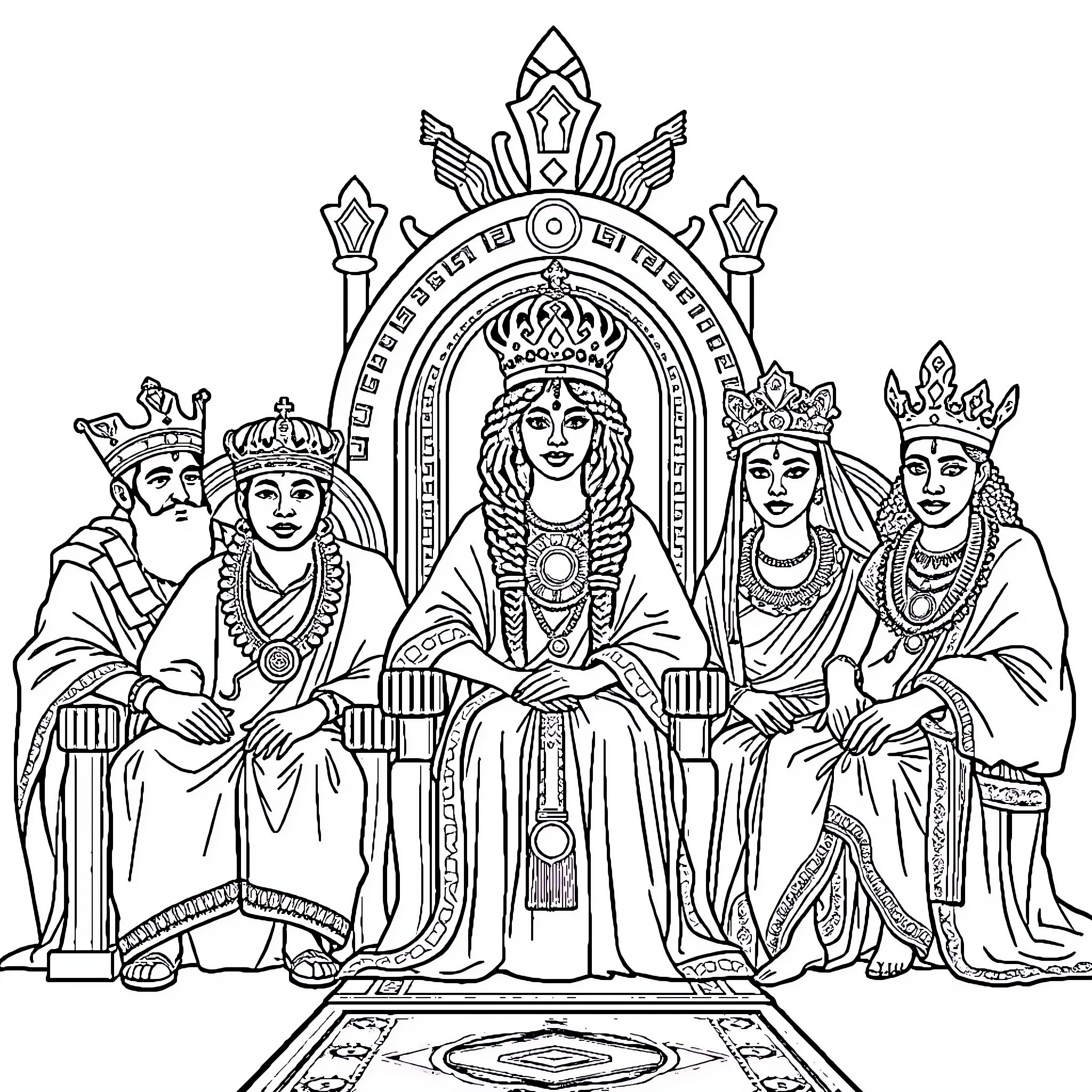 King and Queen Ruling with Ornate Crowns and Regal Attire Coloring Page (free black-and-white line drawing printable PDF for all, from beginners to advanced learners, including children, teens, adults, and seniors)
