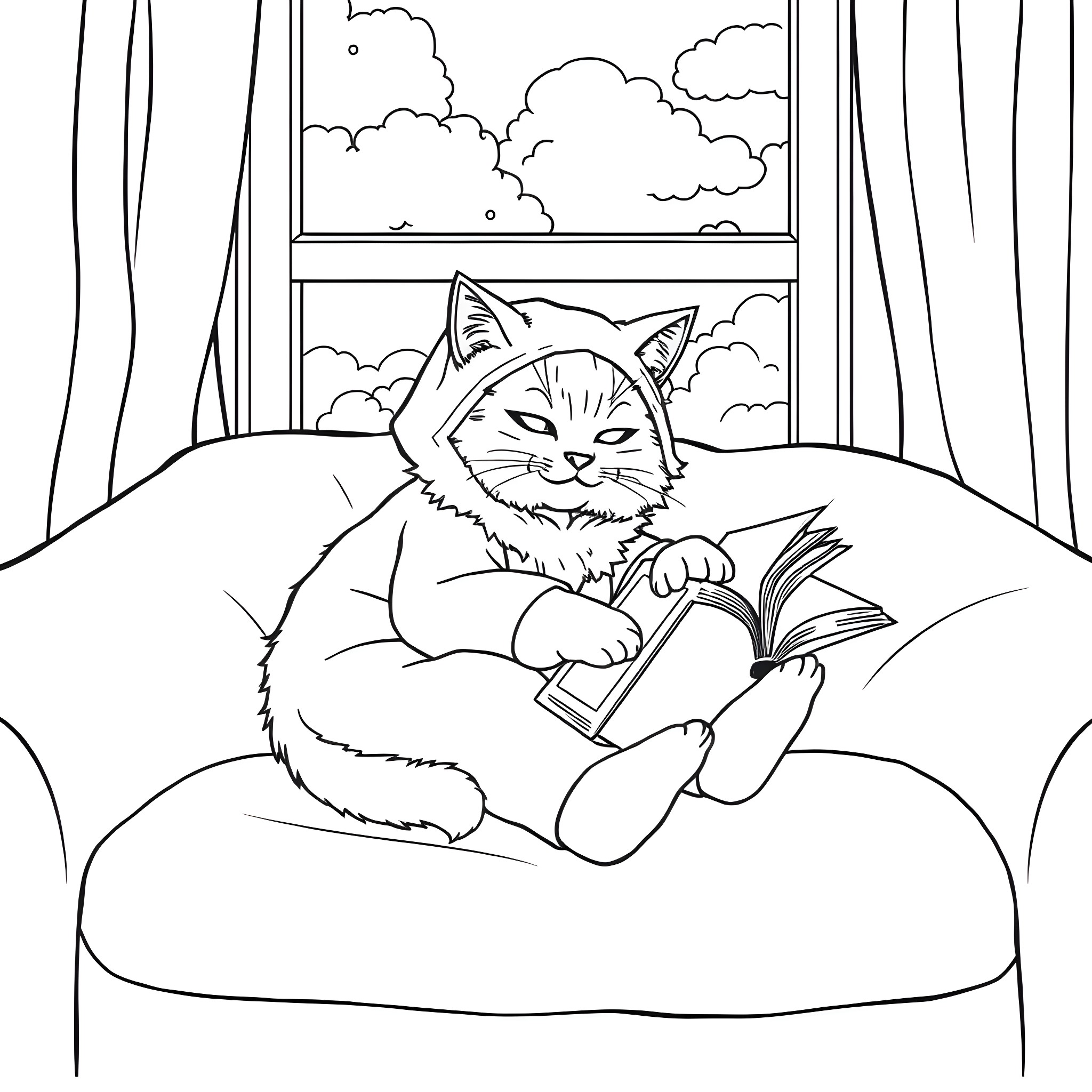 Cat reading a book on the couch Coloring Page (free black-and-white line drawing printable PDF for all, from beginners to advanced learners, including children, teens, adults, and seniors)