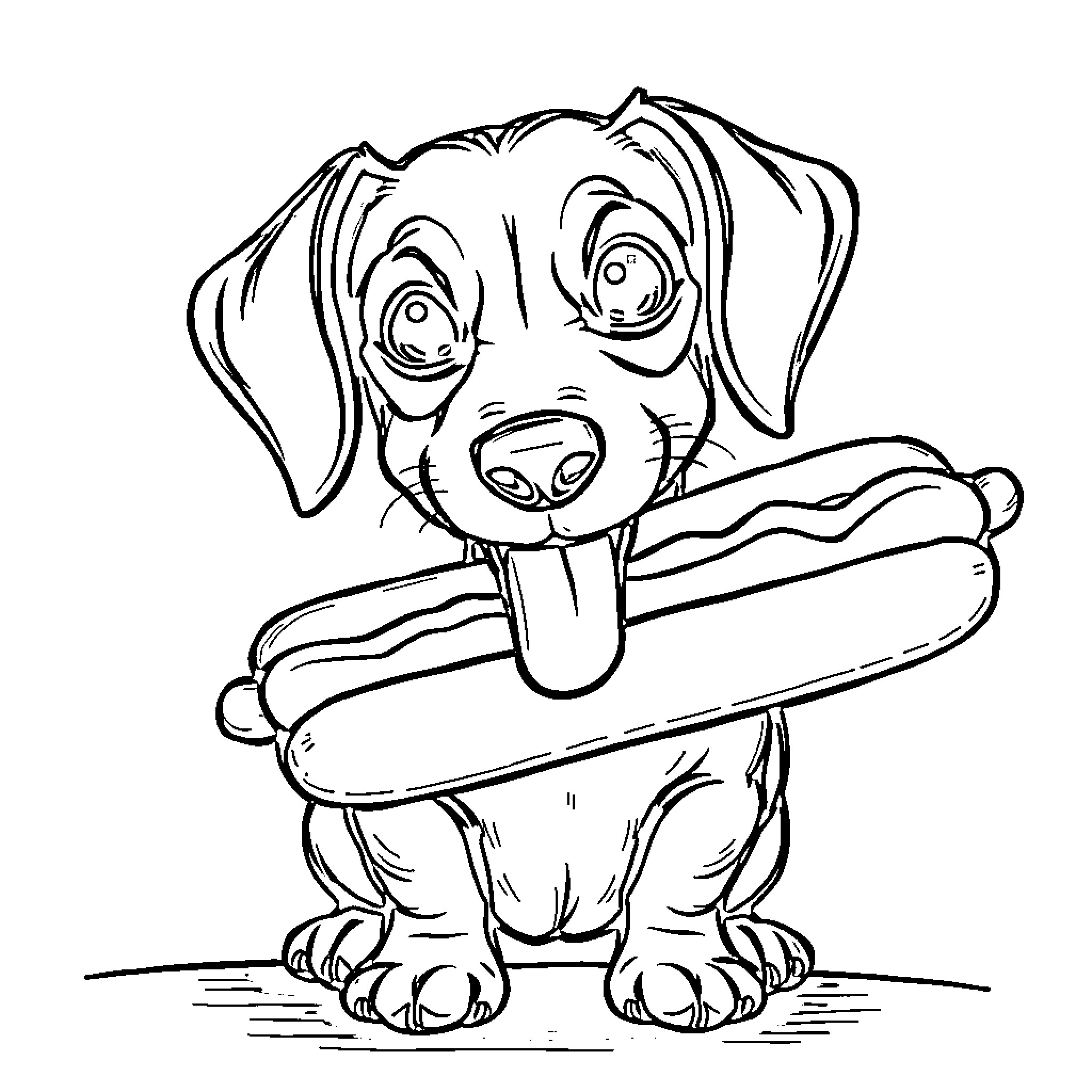 Dachshund excited for a hot dog Coloring Page (free black-and-white line drawing printable PDF for all, from beginners to advanced learners, including children, teens, adults, and seniors)
