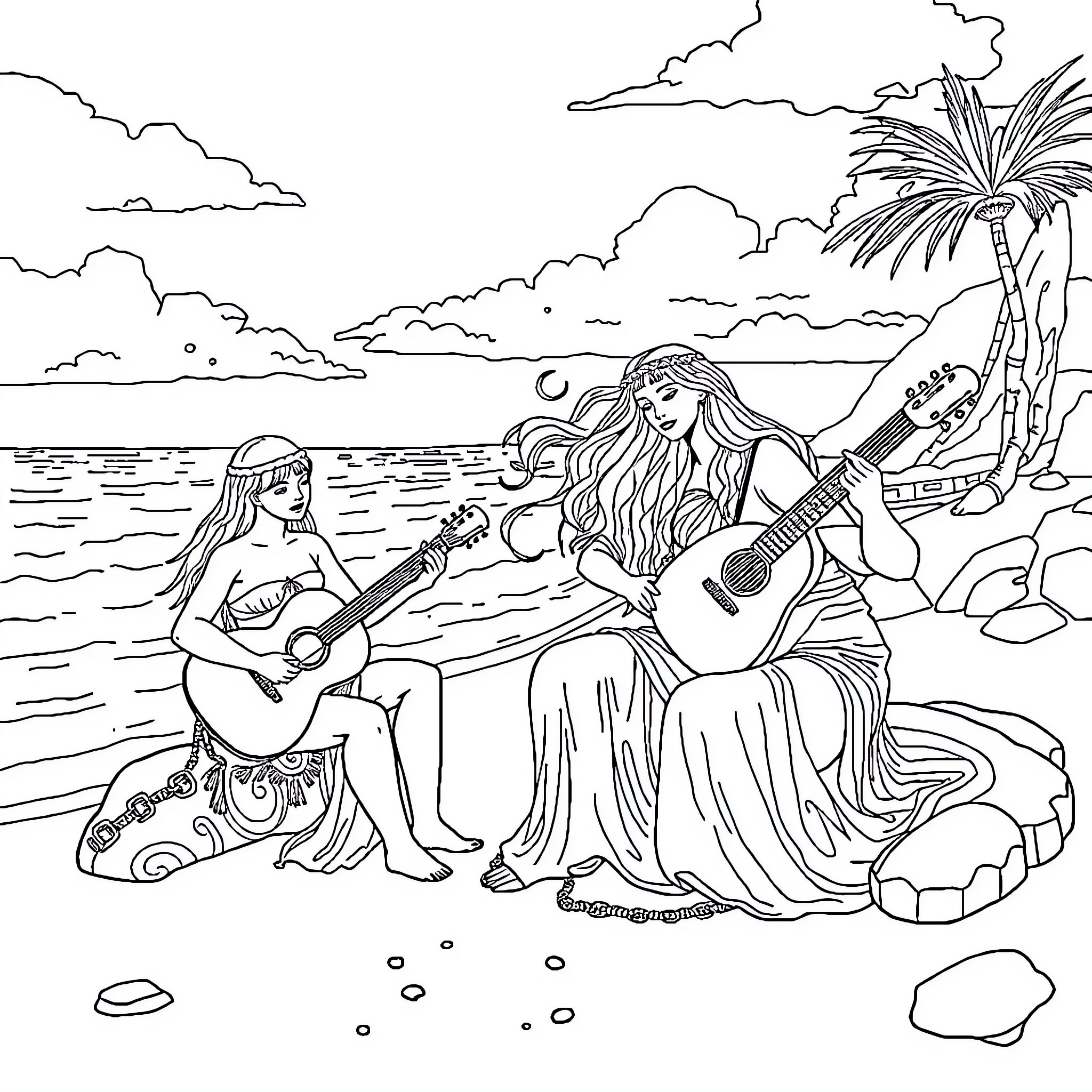 Siren Serenades on the Shores Coloring Page (free black-and-white line drawing printable PDF for all, from beginners to advanced learners, including children, teens, adults, and seniors)