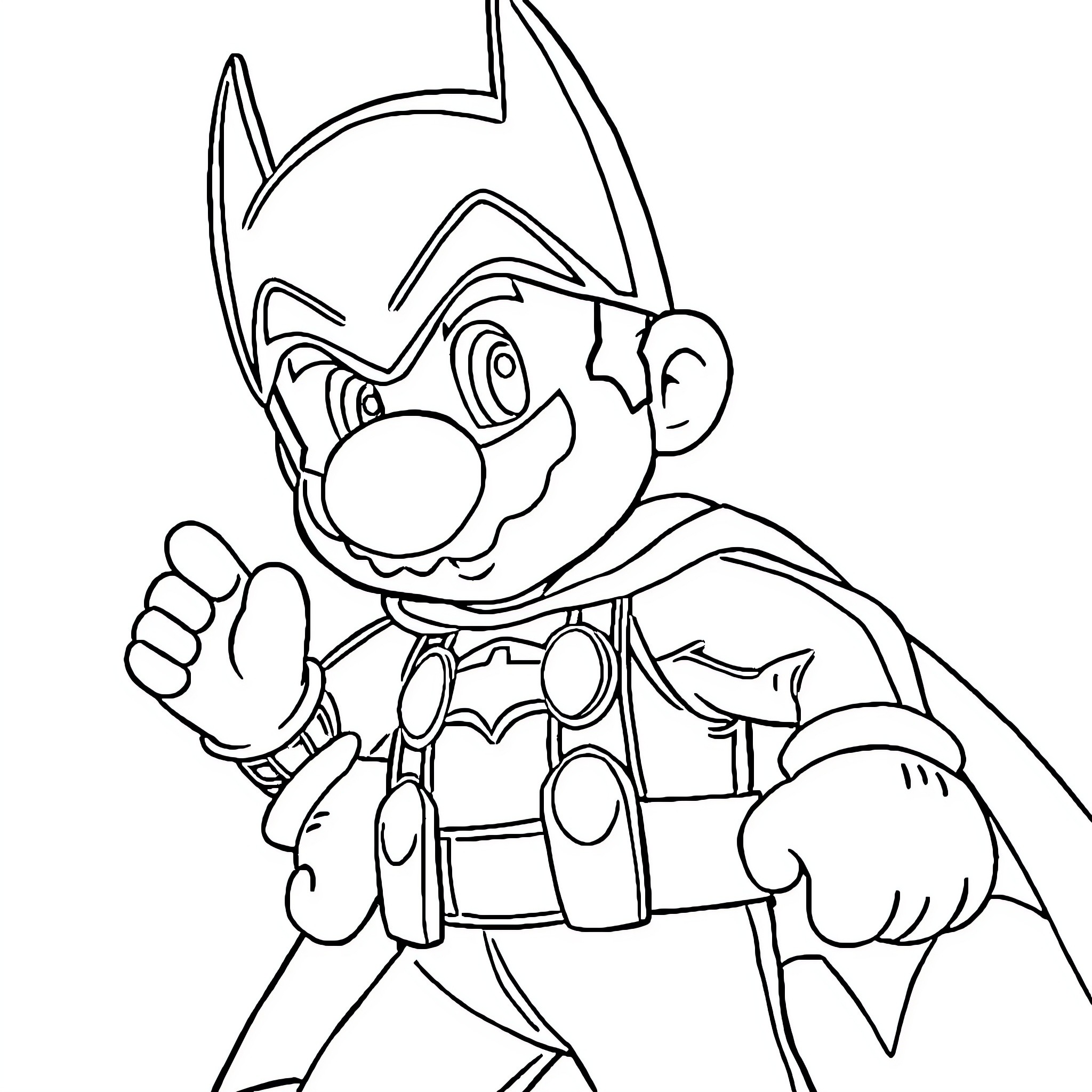 Super Mario in Superhero Costume Posing Coloring Page (free black-and-white line drawing printable PDF for all, from beginners to advanced learners, including children, teens, adults, and seniors)
