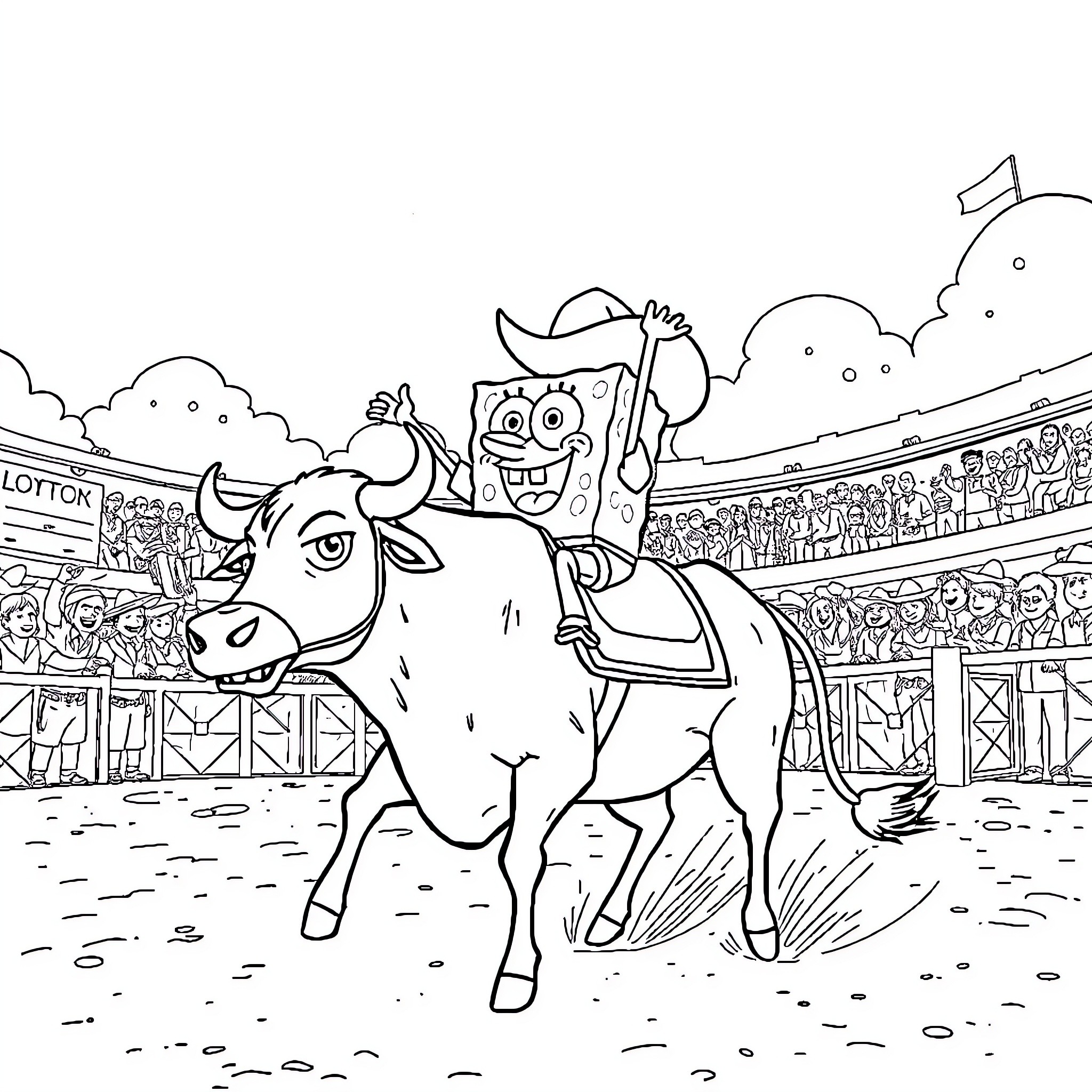 Spongebob riding a cowboy steer in a rodeo arena Coloring Page (free black-and-white line drawing printable PDF for all, from beginners to advanced learners, including children, teens, adults, and seniors)