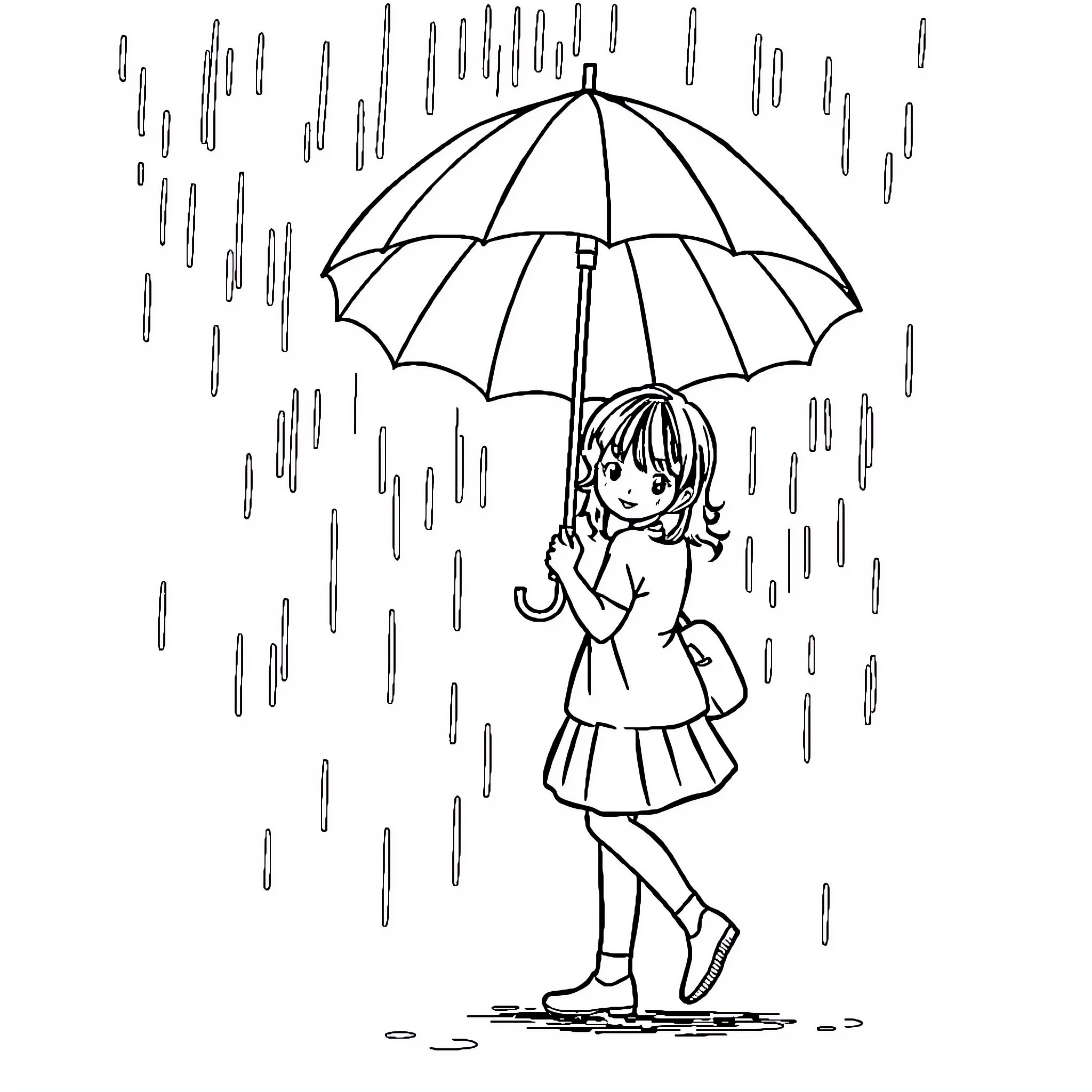 Girl walking in the rain with umbrella Coloring Page (free black-and-white line drawing printable PDF for all, from beginners to advanced learners, including children, teens, adults, and seniors)