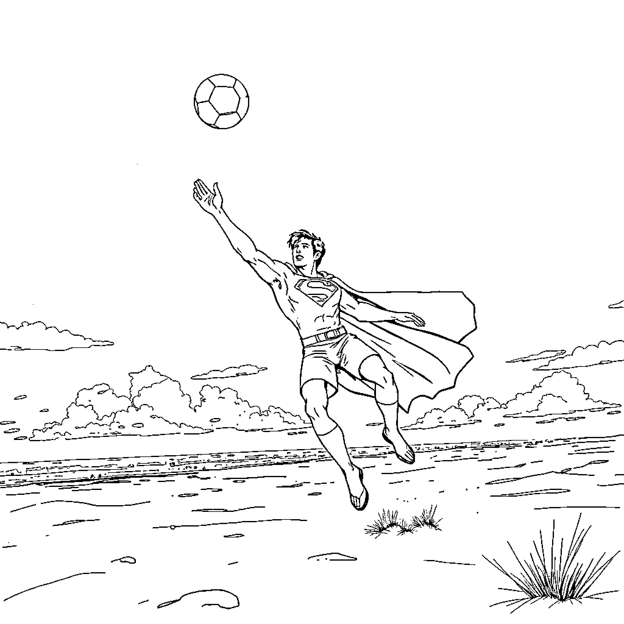 Superman catching a ball in the air Coloring Page (free black-and-white line drawing printable PDF for all, from beginners to advanced learners, including children, teens, adults, and seniors)