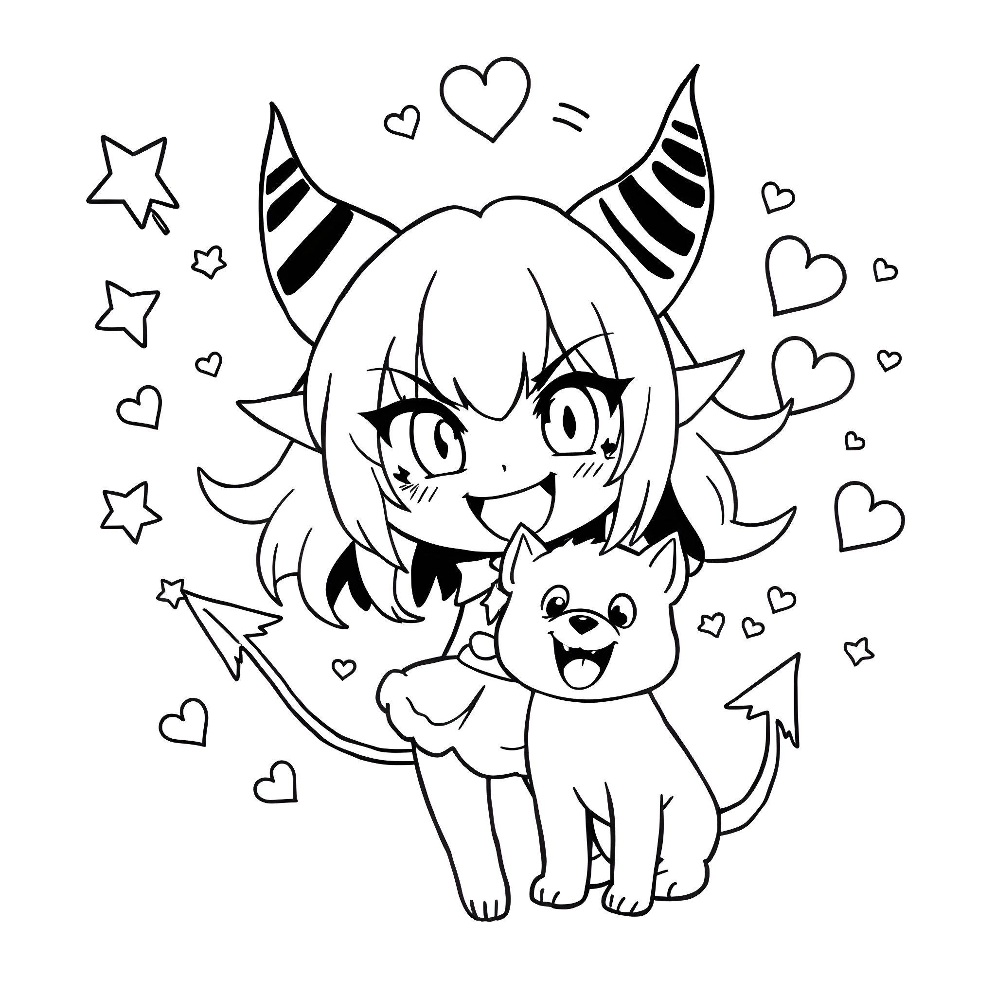 Kuromi and her adorable companion in a whimsical scene Coloring Page (free black-and-white line drawing printable PDF for all, from beginners to advanced learners, including children, teens, adults, and seniors)