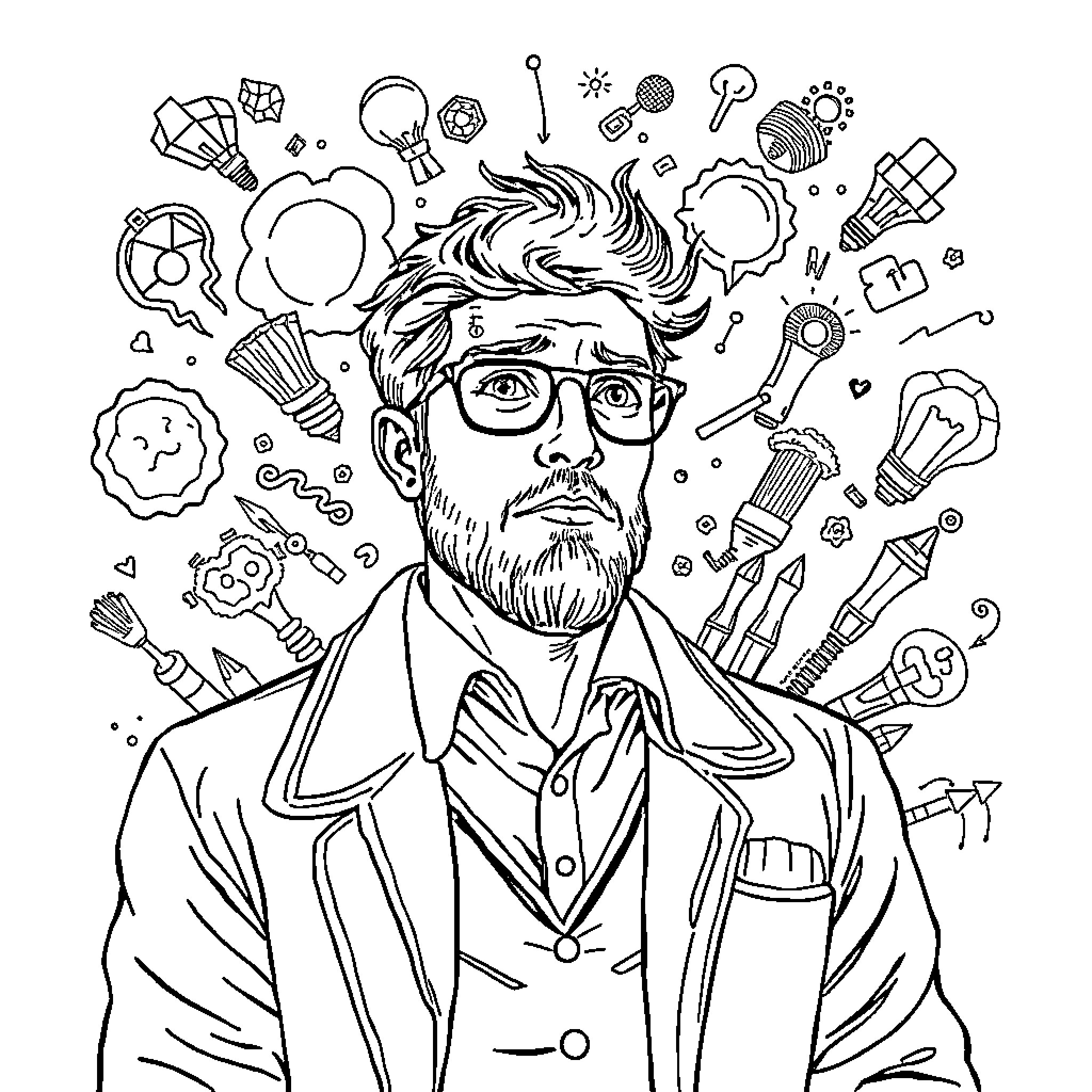 Mason's Creative Chaos: Imagination and Invention Coloring Page (free black-and-white line drawing printable PDF for all, from beginners to advanced learners, including children, teens, adults, and seniors)