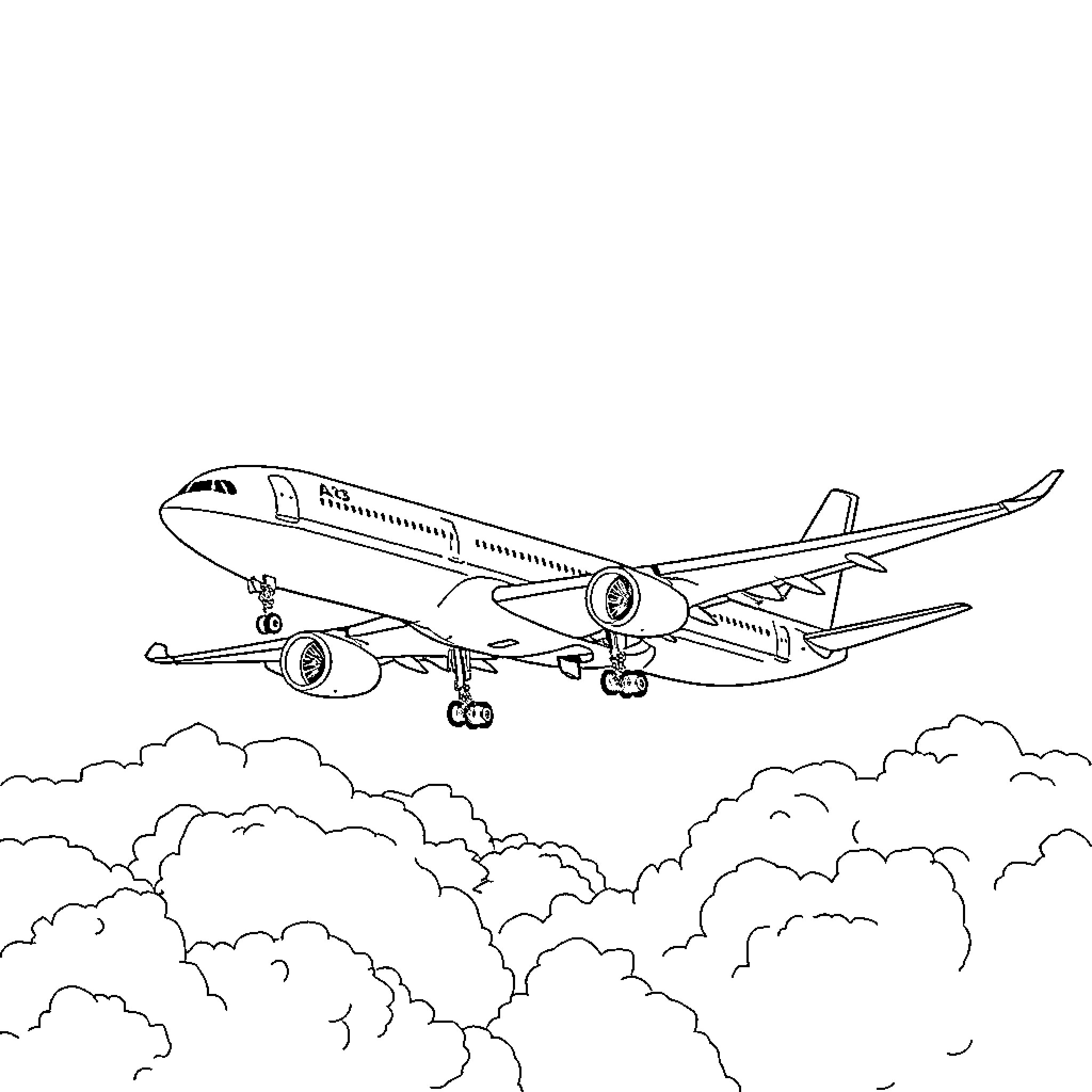 A340 Aircraft Soaring Through Cloudy Skies Coloring Page (free black-and-white line drawing printable PDF for all, from beginners to advanced learners, including children, teens, adults, and seniors)