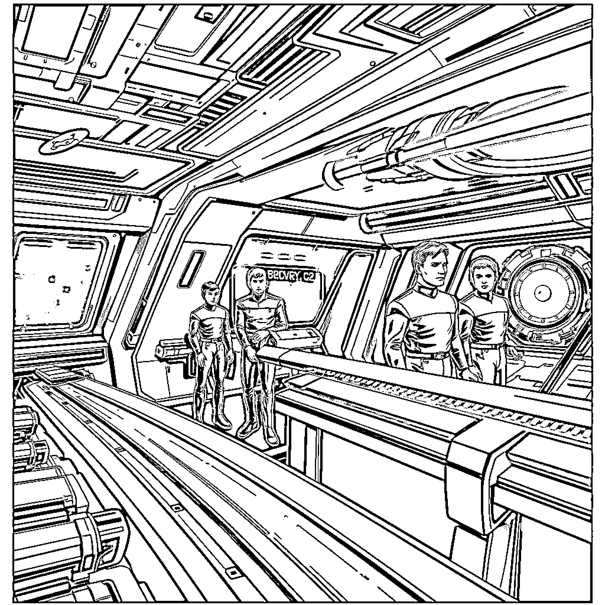 USS Voyager crew members in futuristic starship interior Coloring Page (free black-and-white line drawing printable PDF for all, from beginners to advanced learners, including children, teens, adults, and seniors)