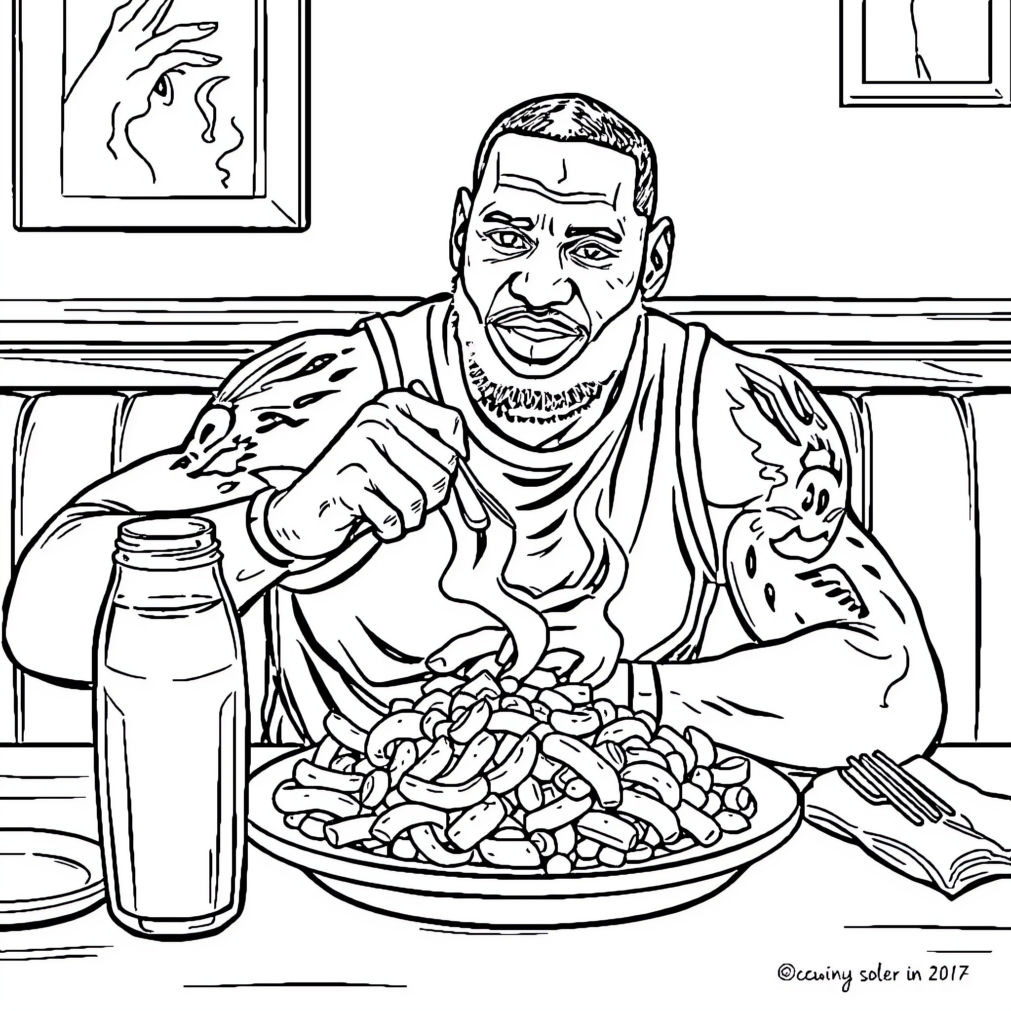 LeBron enjoying a hearty meal in a cozy setting Coloring Page (free black-and-white line drawing printable PDF for all, from beginners to advanced learners, including children, teens, adults, and seniors)