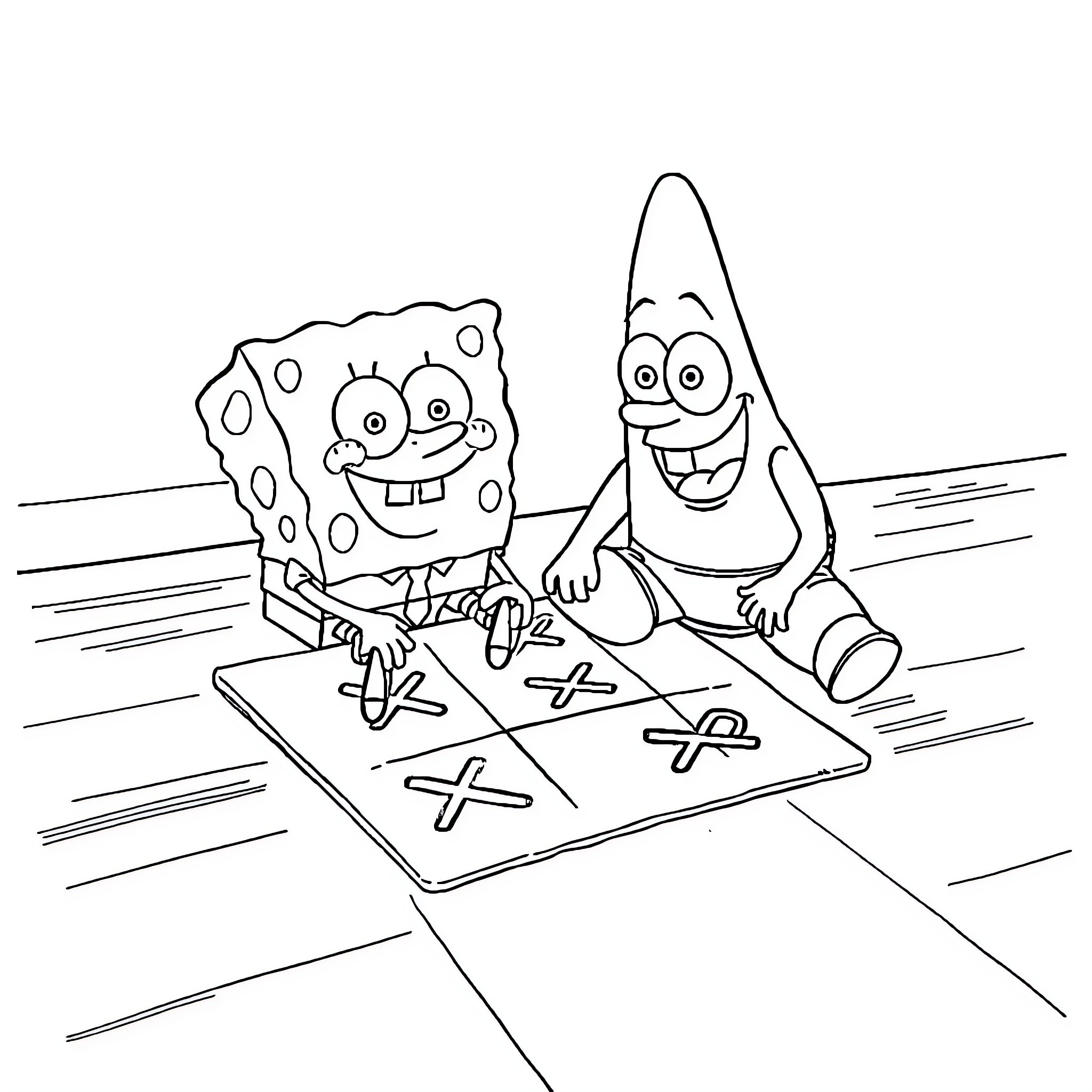 Spongebob and Patrick playing tic-tac-toe Coloring Page (free black-and-white line drawing printable PDF for all, from beginners to advanced learners, including children, teens, adults, and seniors)