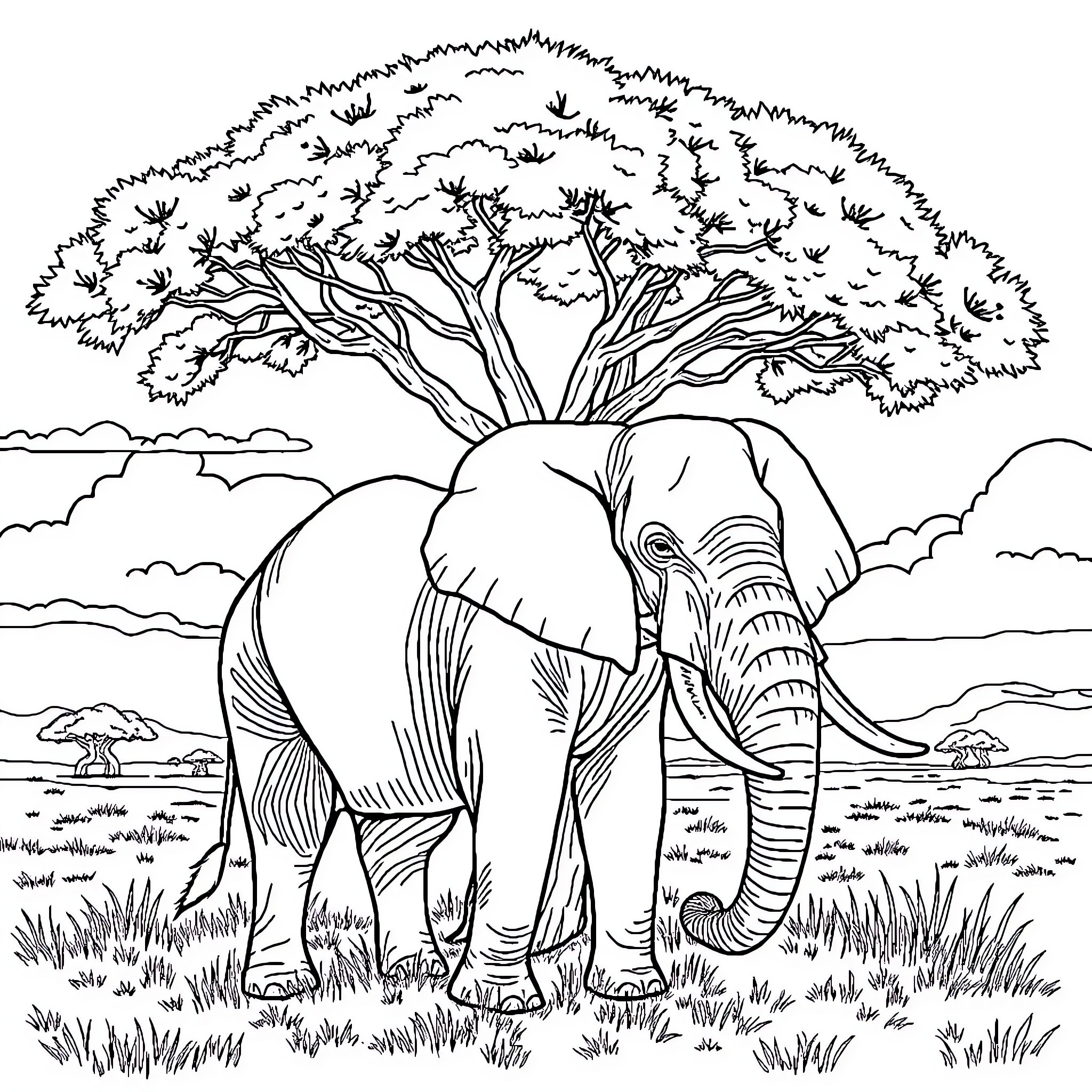 Elephant standing under a large tree Coloring Page (free black-and-white line drawing printable PDF for all, from beginners to advanced learners, including children, teens, adults, and seniors)