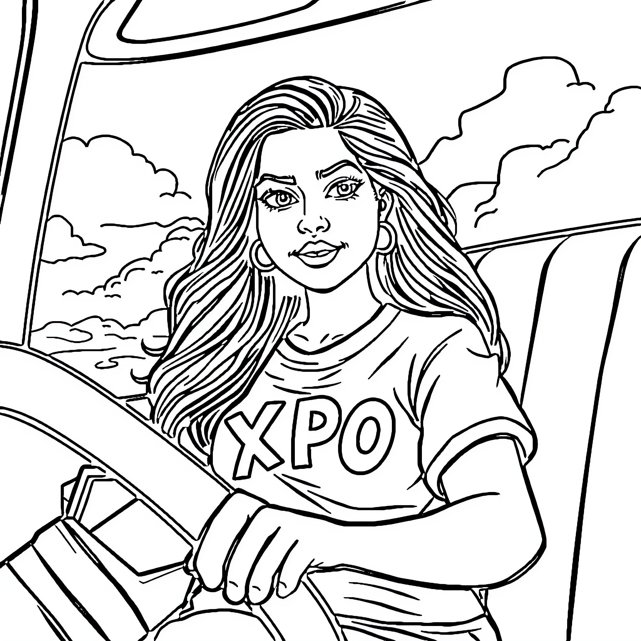 Truck Driver Posing Confidently in Front of Vehicle Coloring Page (free black-and-white line drawing printable PDF for all, from beginners to advanced learners, including children, teens, adults, and seniors)