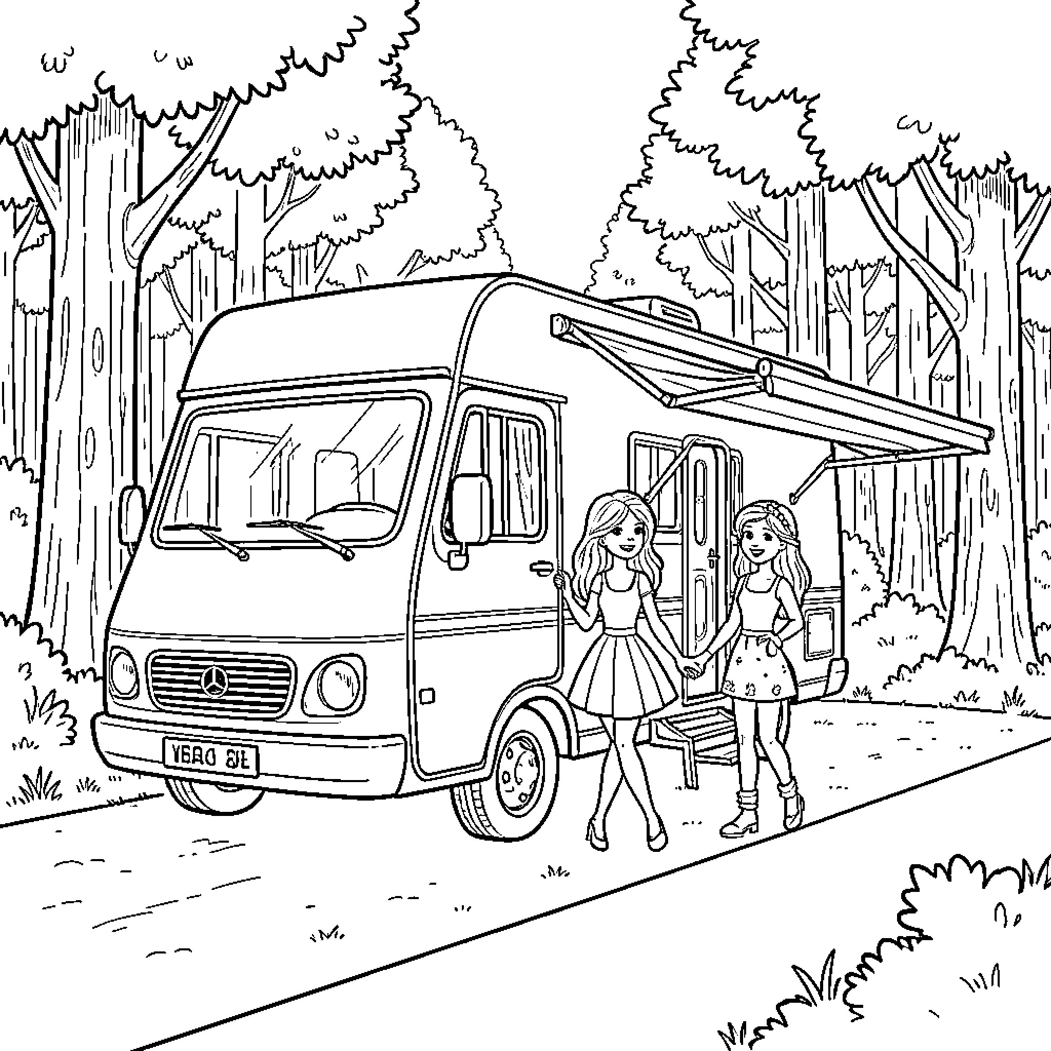 Camping Car with girls standing by the vehicle Coloring Page (free black-and-white line drawing printable PDF for all, from beginners to advanced learners, including children, teens, adults, and seniors)
