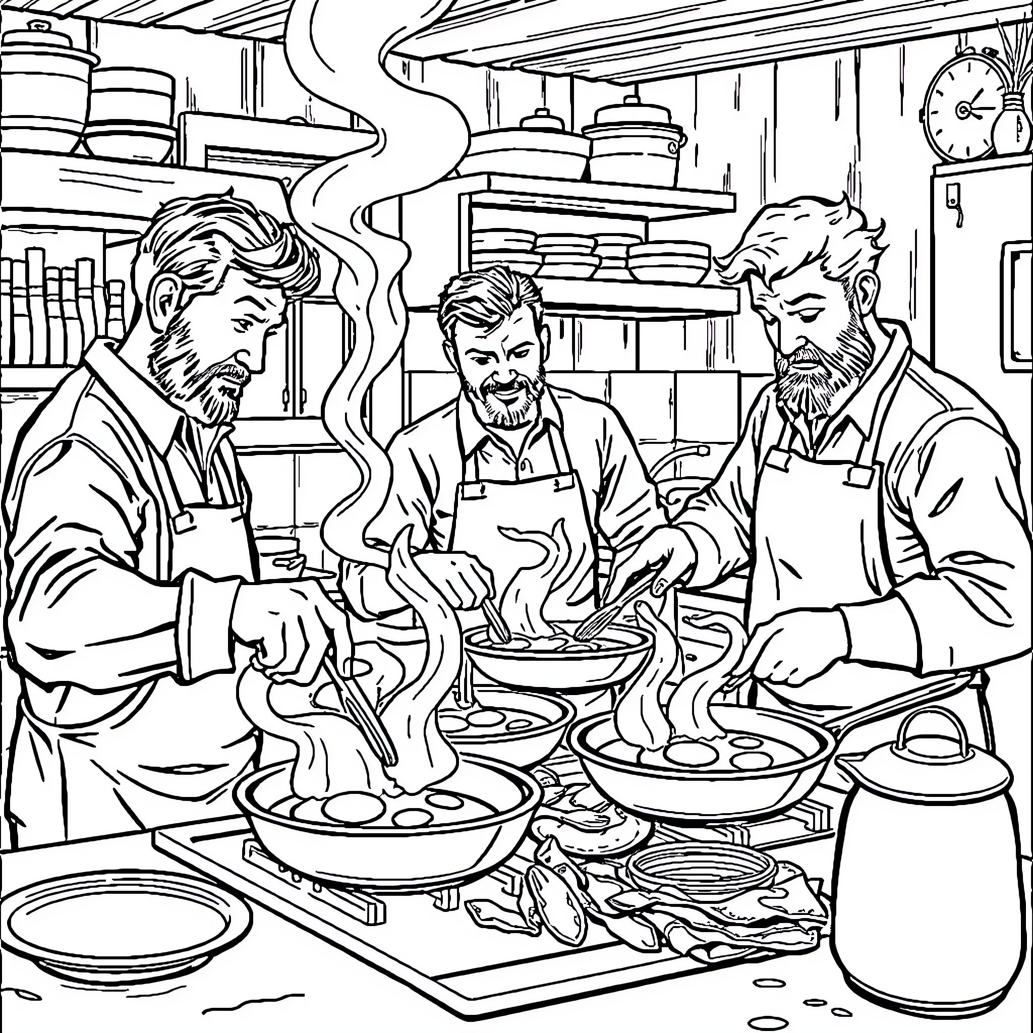 Man Working Together in a Cozy Kitchen Coloring Page (free black-and-white line drawing printable PDF for all, from beginners to advanced learners, including children, teens, adults, and seniors)