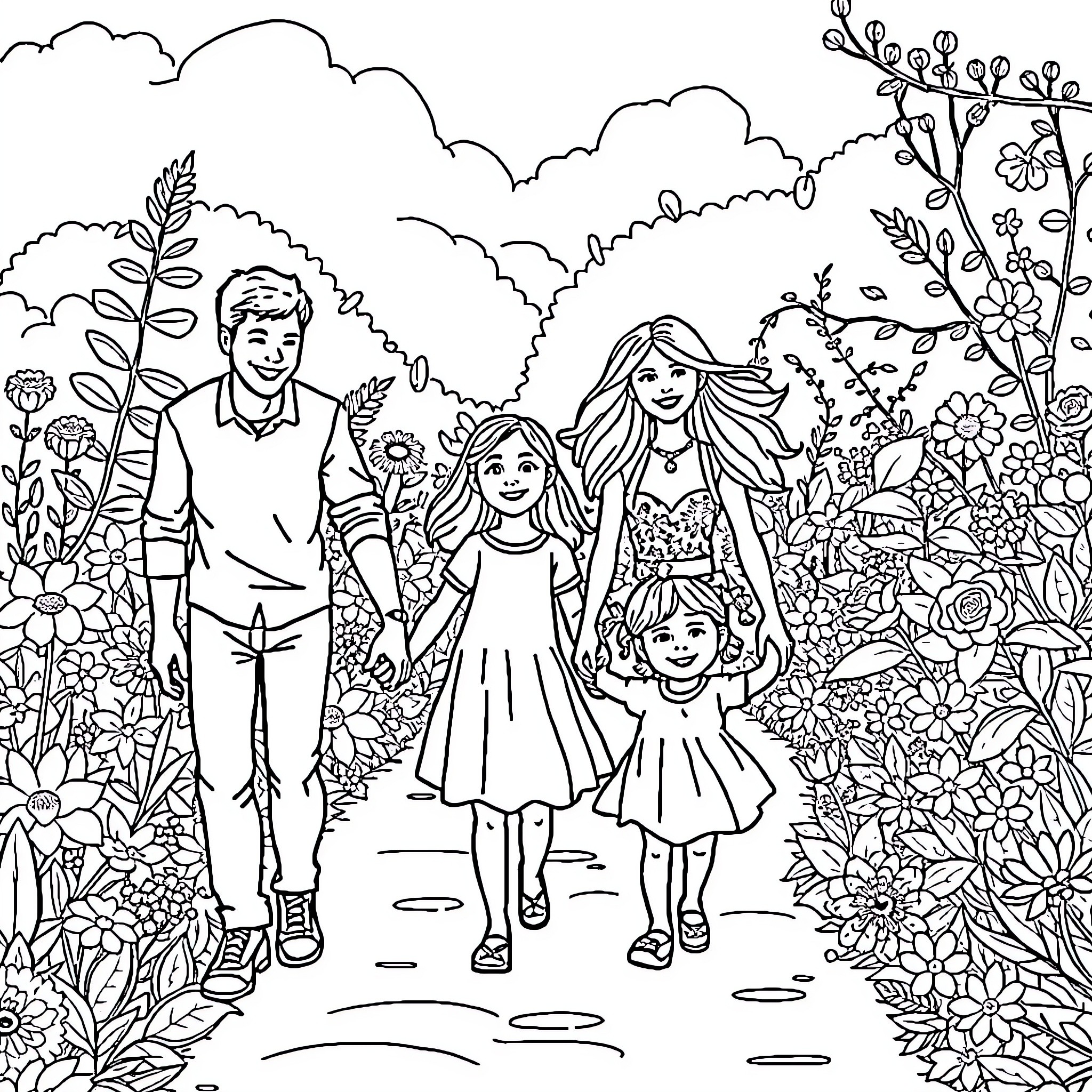 Family Enjoying a Nature Walk in the Garden Coloring Page (free black-and-white line drawing printable PDF for all, from beginners to advanced learners, including children, teens, adults, and seniors)