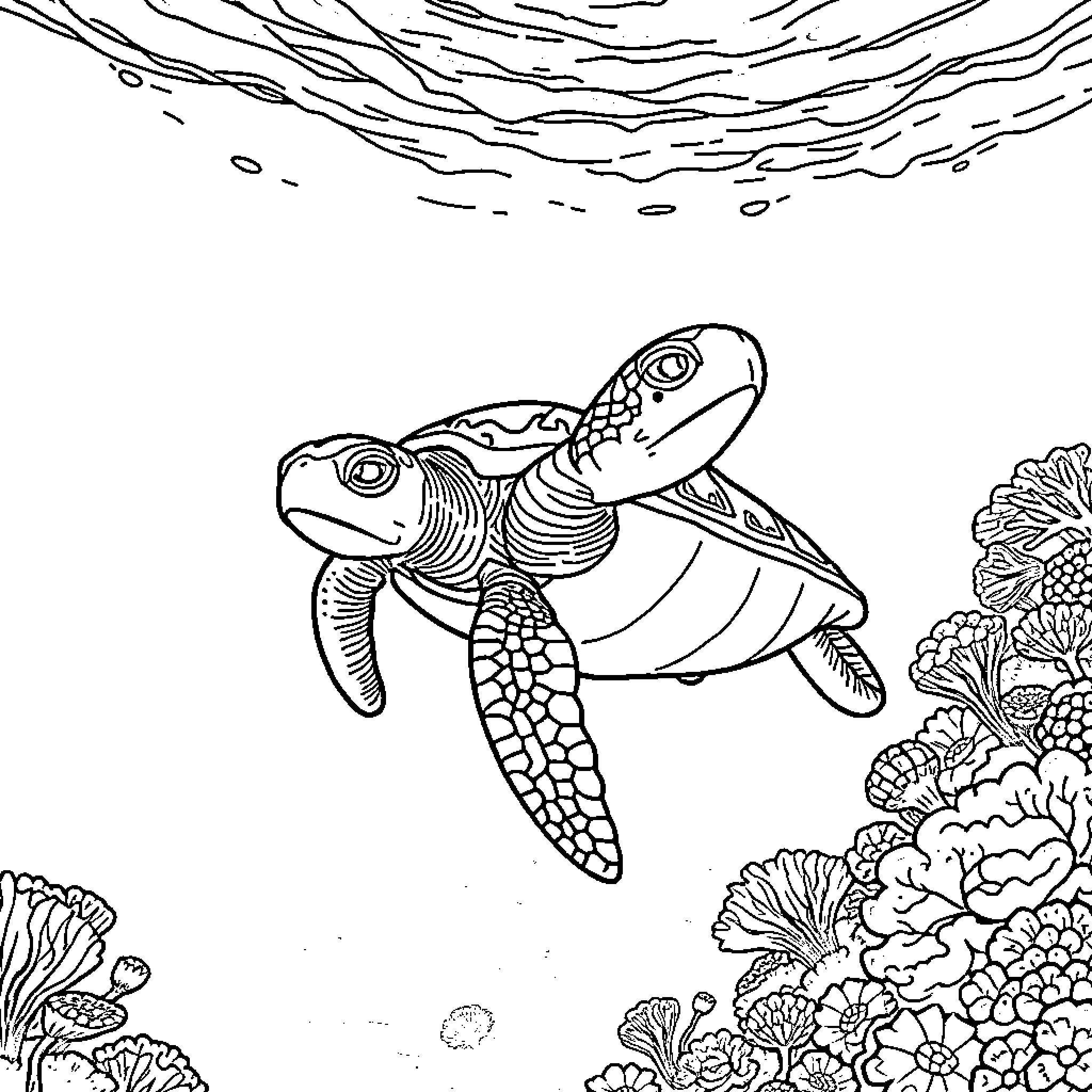 Sea Turtle exploring coral reef Coloring Page (free black-and-white line drawing printable PDF for all, from beginners to advanced learners, including children, teens, adults, and seniors)