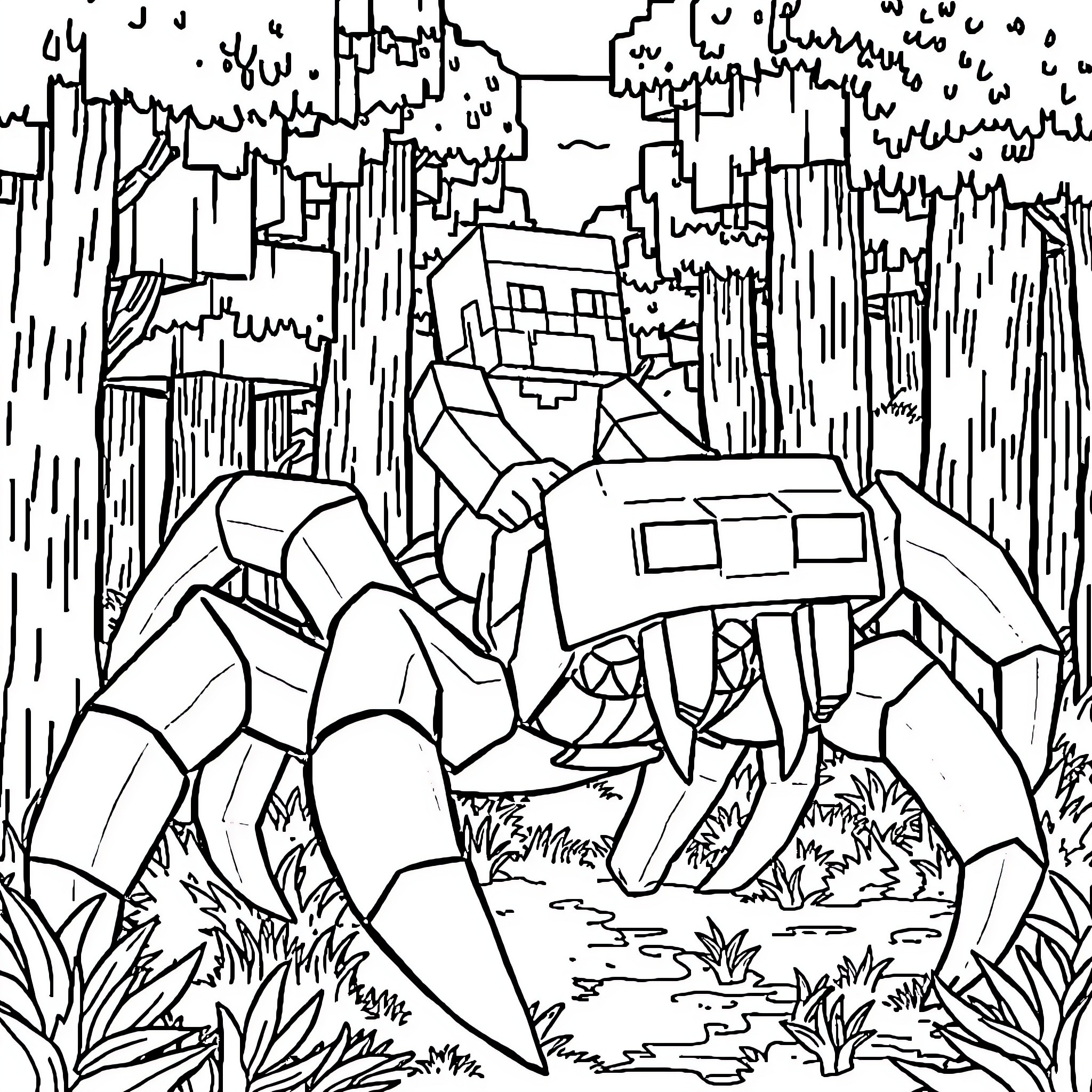 Steve's Minecraft Adventure in the Blocky Wilderness Coloring Page (free black-and-white line drawing printable PDF for all, from beginners to advanced learners, including children, teens, adults, and seniors)