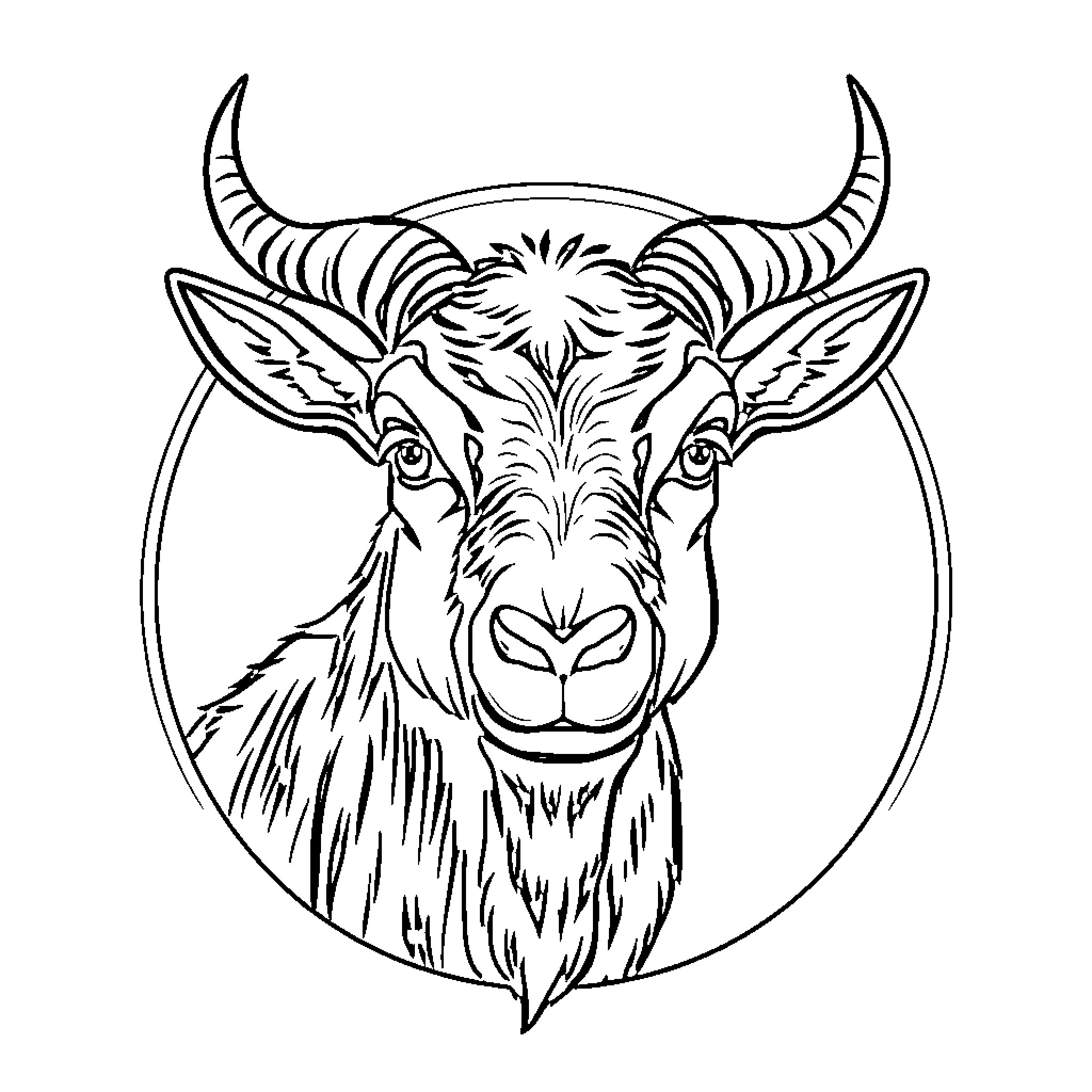 Goat with expressive features in circle frame Coloring Page (free black-and-white line drawing printable PDF for all, from beginners to advanced learners, including children, teens, adults, and seniors)